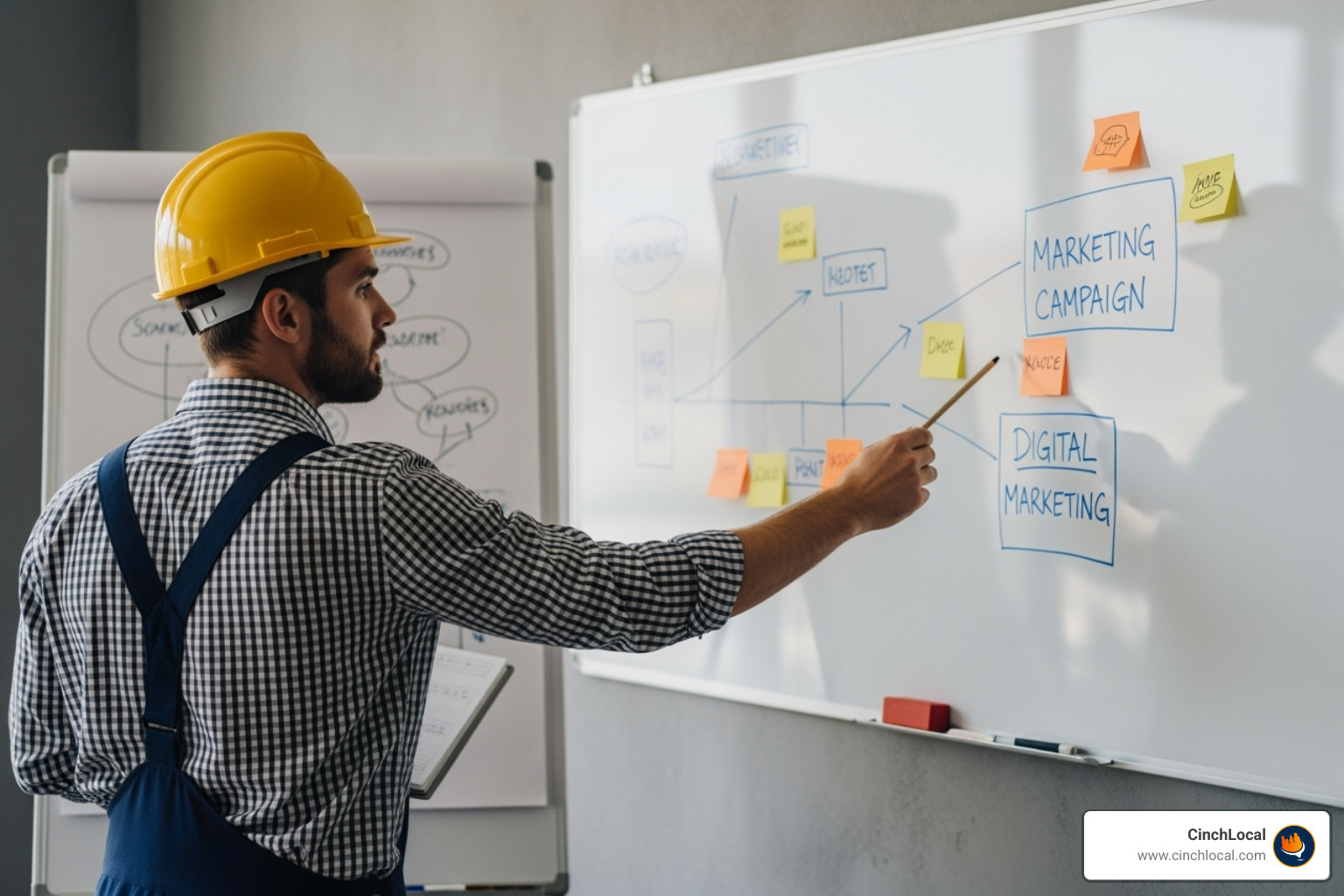 Roofing contractor planning digital marketing campaign on a whiteboard - hvac google ads