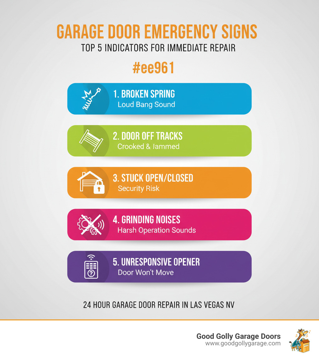 Infographic showing the top 5 signs of a garage door emergency: broken spring with loud bang, door off tracks and crooked, door stuck open or closed creating security risk, grinding or scraping noises during operation, and unresponsive opener with door that won't move - 24 hour garage door repair in las vegas nv infographic  Infographic showing the top 5 signs of a garage door emergency: broken spring with loud bang, door off tracks and crooked, door stuck open or closed creating security risk, grinding or scraping noises during operation, and unresponsive opener with door that won't move - 24 hour garage door repair in las vegas nv infographic