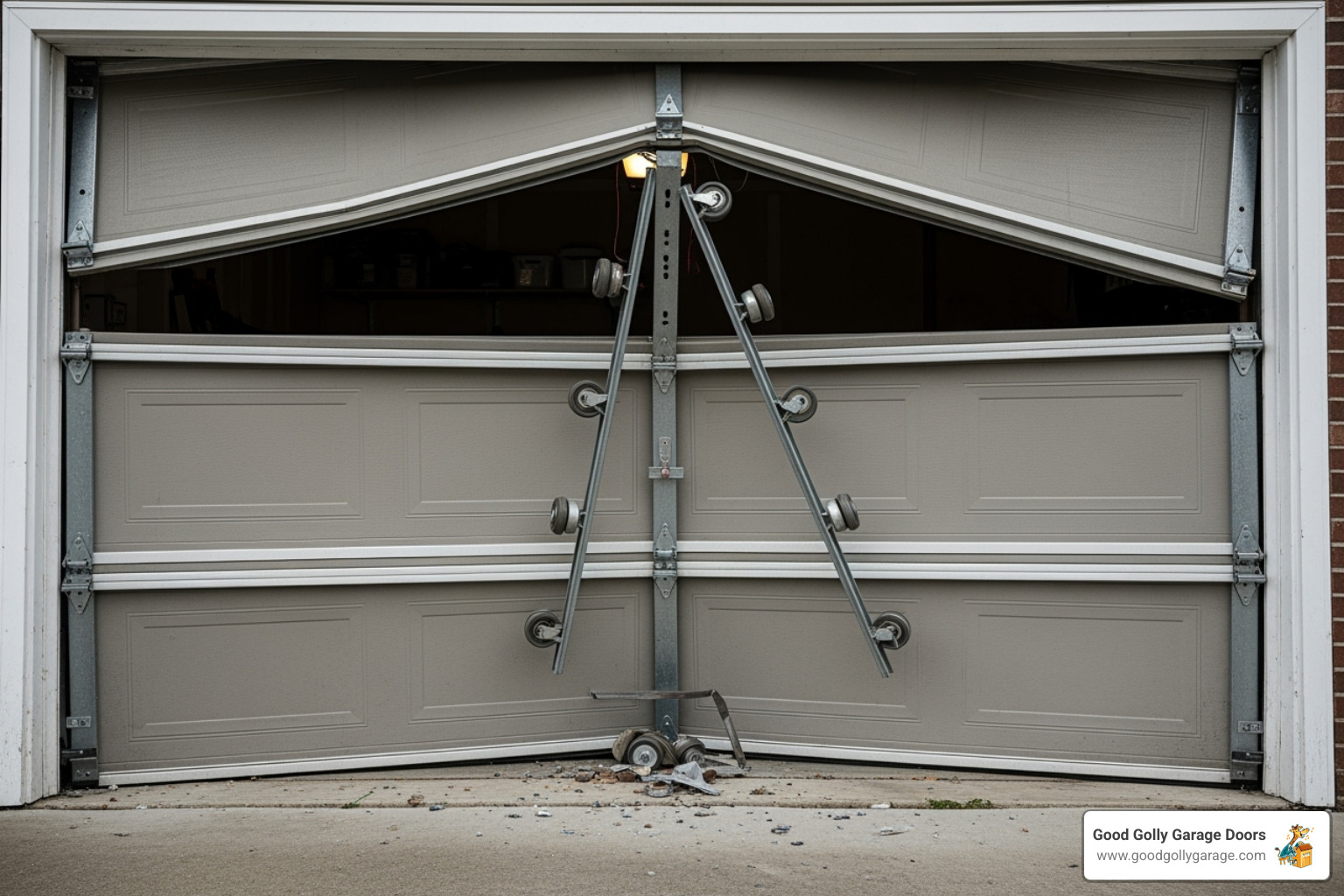 A garage door that has come off its tracks, with rollers visibly detached and the door panel askew - 24 hour garage door repair in las vegas nv A garage door that has come off its tracks, with rollers visibly detached and the door panel askew - 24 hour garage door repair in las vegas nv