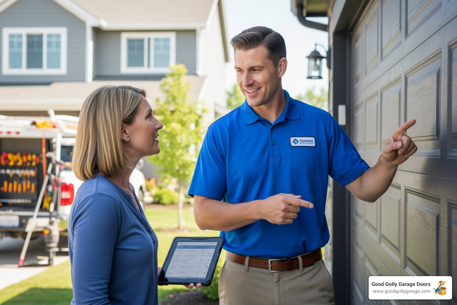 A friendly technician in a uniform speaks with a homeowner, pointing towards the garage door while holding a tablet, indicating clear communication and on-site assessment - 24 hour garage door repair in las vegas nv A friendly technician in a uniform speaks with a homeowner, pointing towards the garage door while holding a tablet, indicating clear communication and on-site assessment - 24 hour garage door repair in las vegas nv