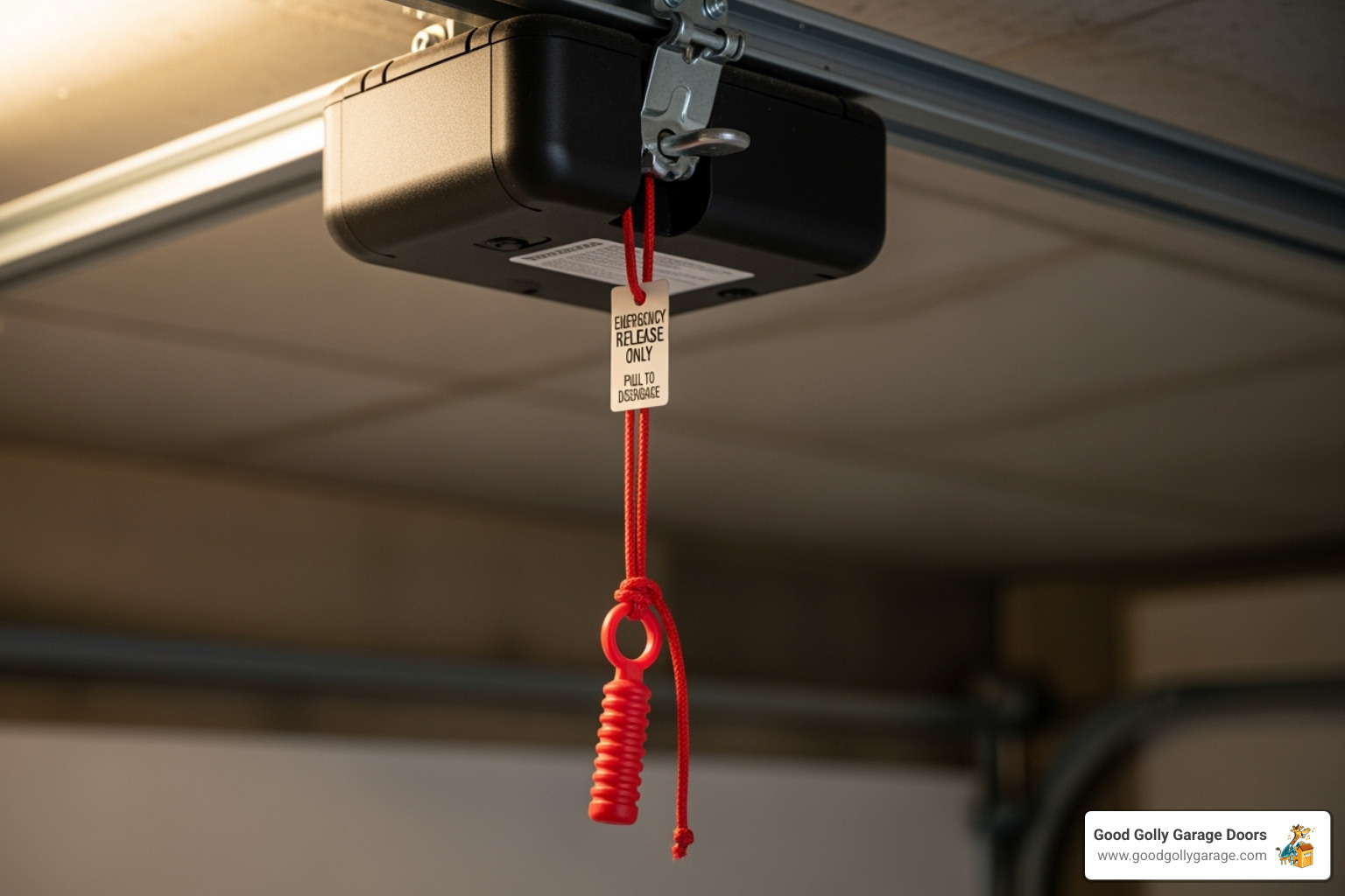 A close-up image of a red emergency release cord hanging from a garage door opener rail, ready to be pulled - 24 hour garage door repair in las vegas nv A close-up image of a red emergency release cord hanging from a garage door opener rail, ready to be pulled - 24 hour garage door repair in las vegas nv