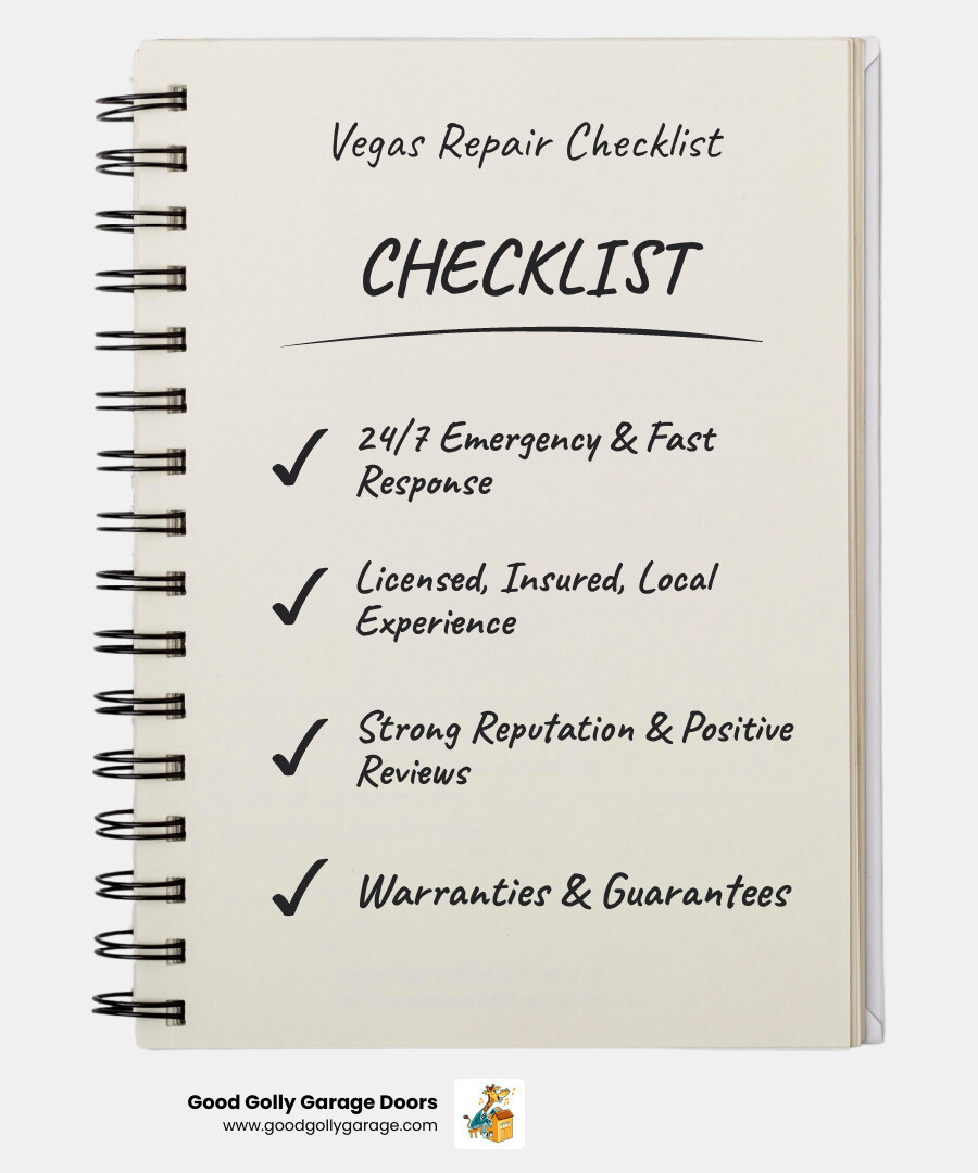 Infographic showing the 7 essential criteria for selecting a top-rated garage door repair company in Las Vegas: 24/7 emergency availability with 30-minute response time, Nevada contractor licensing and full insurance coverage, verified customer reviews and BBB rating, comprehensive written warranties on parts and labor, full-service capabilities including repair installation and maintenance, transparent upfront pricing with free estimates, and skilled certified technicians with fully stocked service trucks - garage door repair in las vegas nv infographic checklist-notebook Infographic showing the 7 essential criteria for selecting a top-rated garage door repair company in Las Vegas: 24/7 emergency availability with 30-minute response time, Nevada contractor licensing and full insurance coverage, verified customer reviews and BBB rating, comprehensive written warranties on parts and labor, full-service capabilities including repair installation and maintenance, transparent upfront pricing with free estimates, and skilled certified technicians with fully stocked service trucks - garage door repair in las vegas nv infographic checklist-notebook