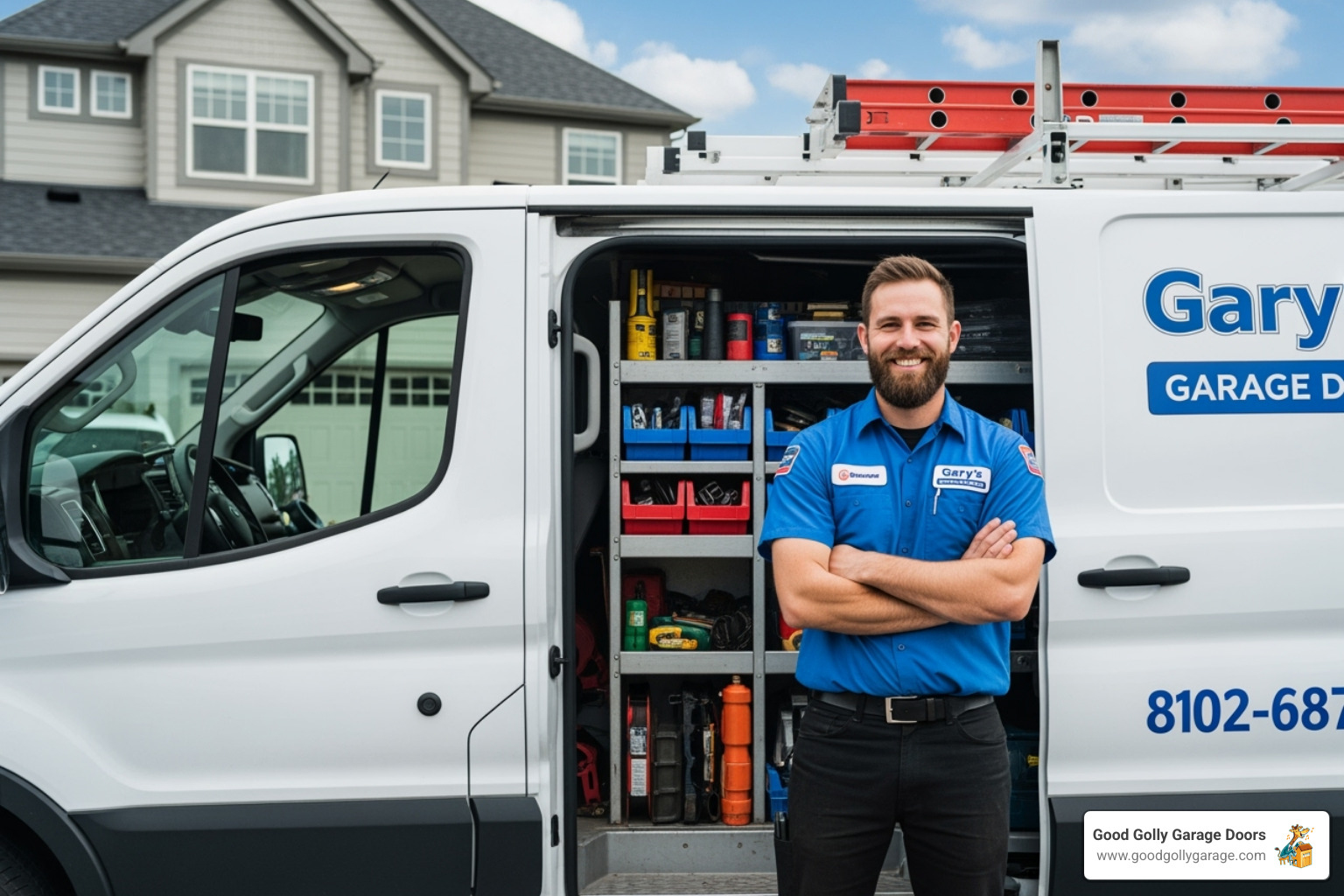 fully stocked service vehicle with a friendly technician standing beside it - professional garage door repair in las vegas nv