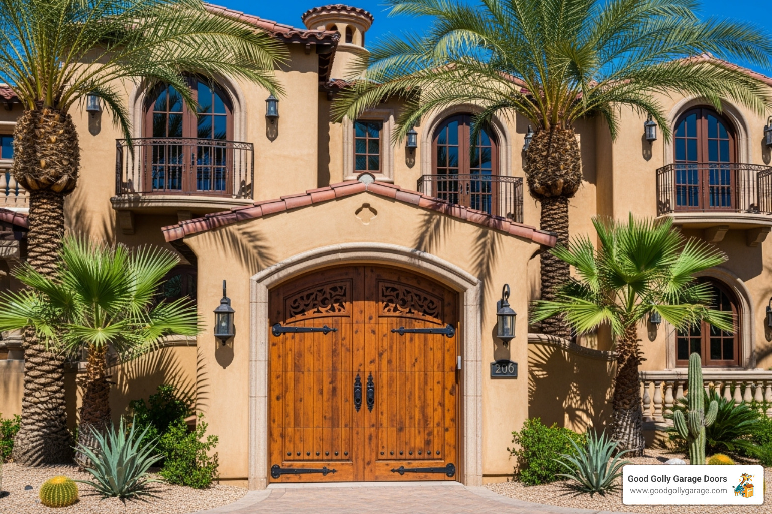 Custom wood garage door complementing a Mediterranean-style luxury villa in Las Vegas - garage door repair for luxury homes in las vegas nv Custom wood garage door complementing a Mediterranean-style luxury villa in Las Vegas - garage door repair for luxury homes in las vegas nv