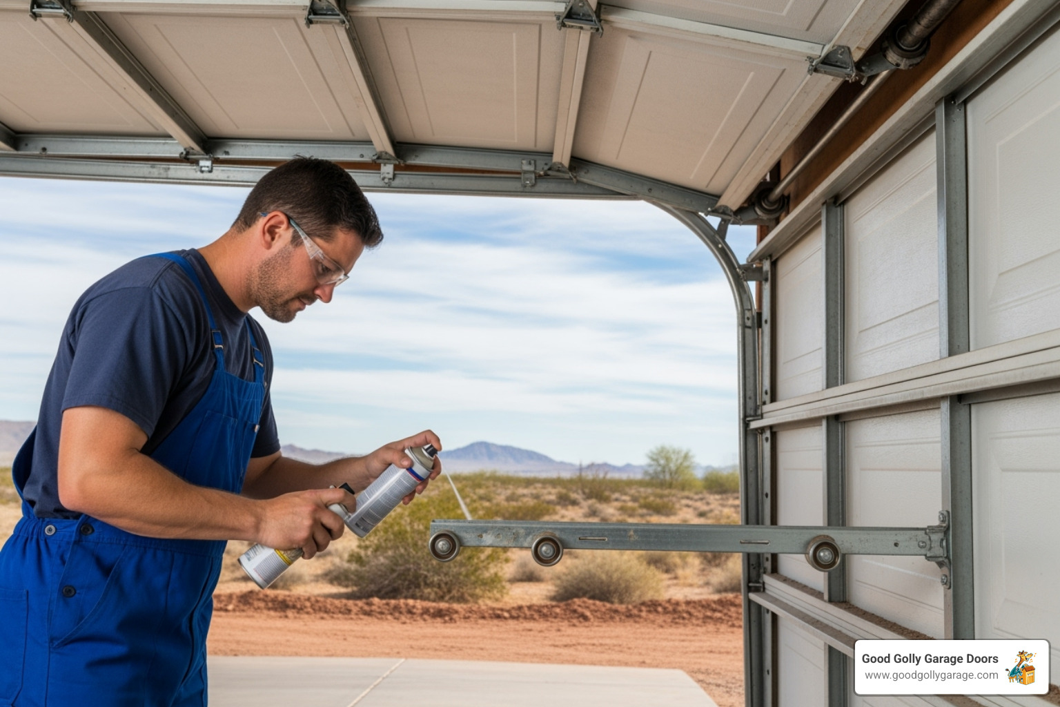 Technician lubricating the rollers on a garage door track with the dusty Las Vegas landscape in the background - garage door repair for luxury homes in las vegas nv Technician lubricating the rollers on a garage door track with the dusty Las Vegas landscape in the background - garage door repair for luxury homes in las vegas nv
