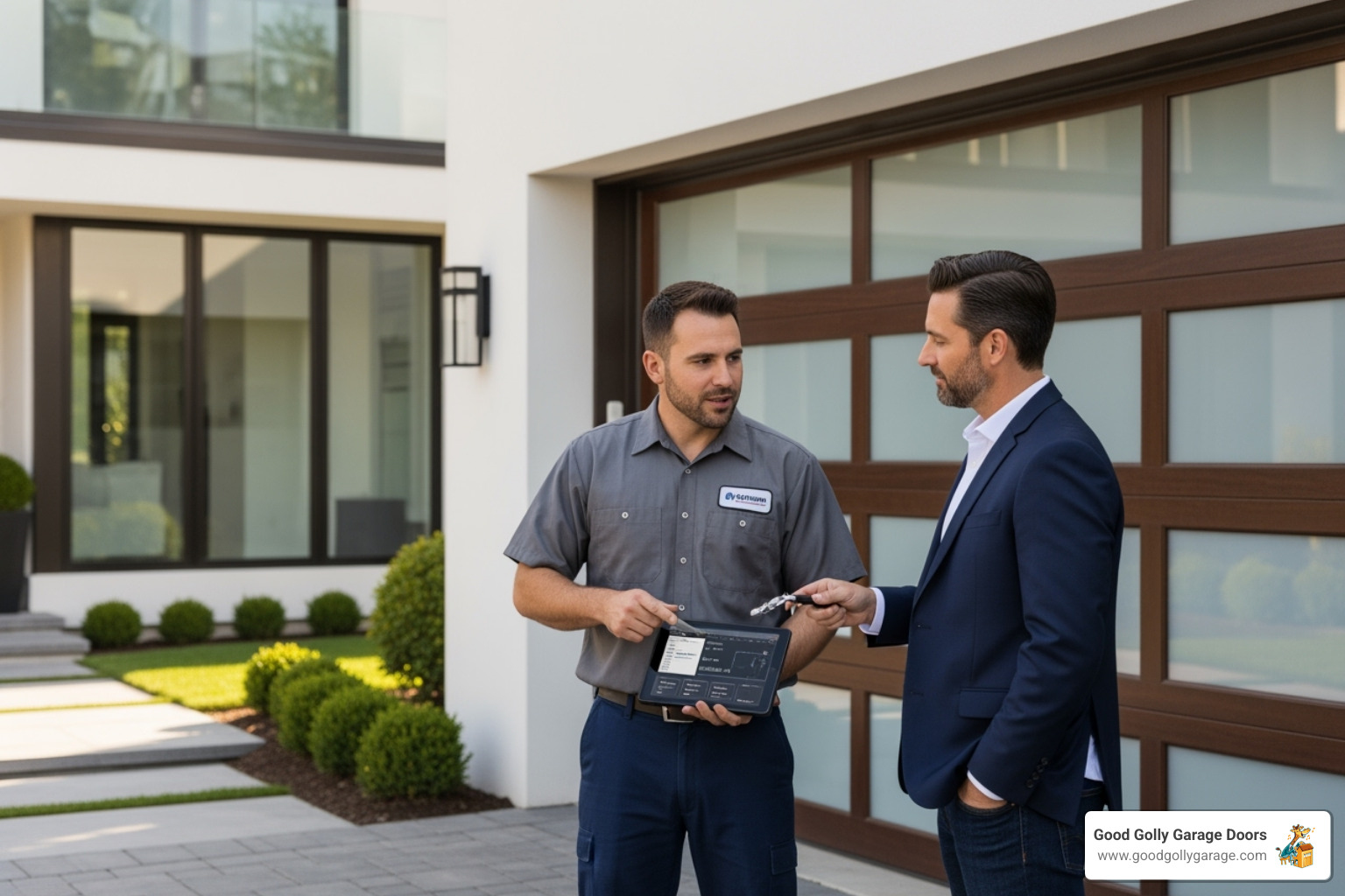 Professional, uniformed technician discussing a repair with a homeowner in front of a luxury garage - garage door repair for luxury homes in las vegas nv Professional, uniformed technician discussing a repair with a homeowner in front of a luxury garage - garage door repair for luxury homes in las vegas nv