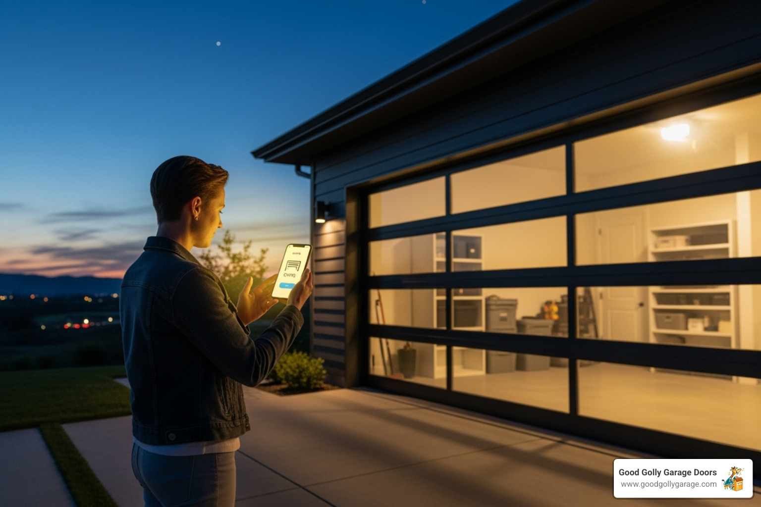 homeowner using a smartphone to open their garage door - certified garage door repair technician in lakeway tx homeowner using a smartphone to open their garage door - certified garage door repair technician in lakeway tx