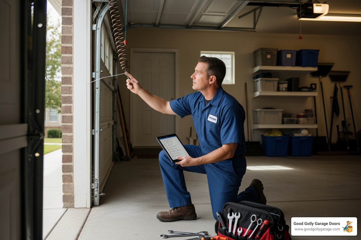 Good Golly Garage Doors technician performing a 26-point inspection on a garage door - certified garage door repair technician in lakeway tx Good Golly Garage Doors technician performing a 26-point inspection on a garage door - certified garage door repair technician in lakeway tx