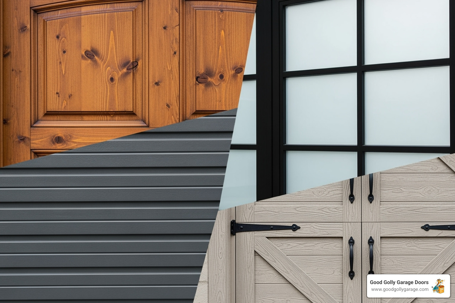 collage showcasing different garage door materials like wood, steel, glass, and composite - custom garage door repair installation in austin tx