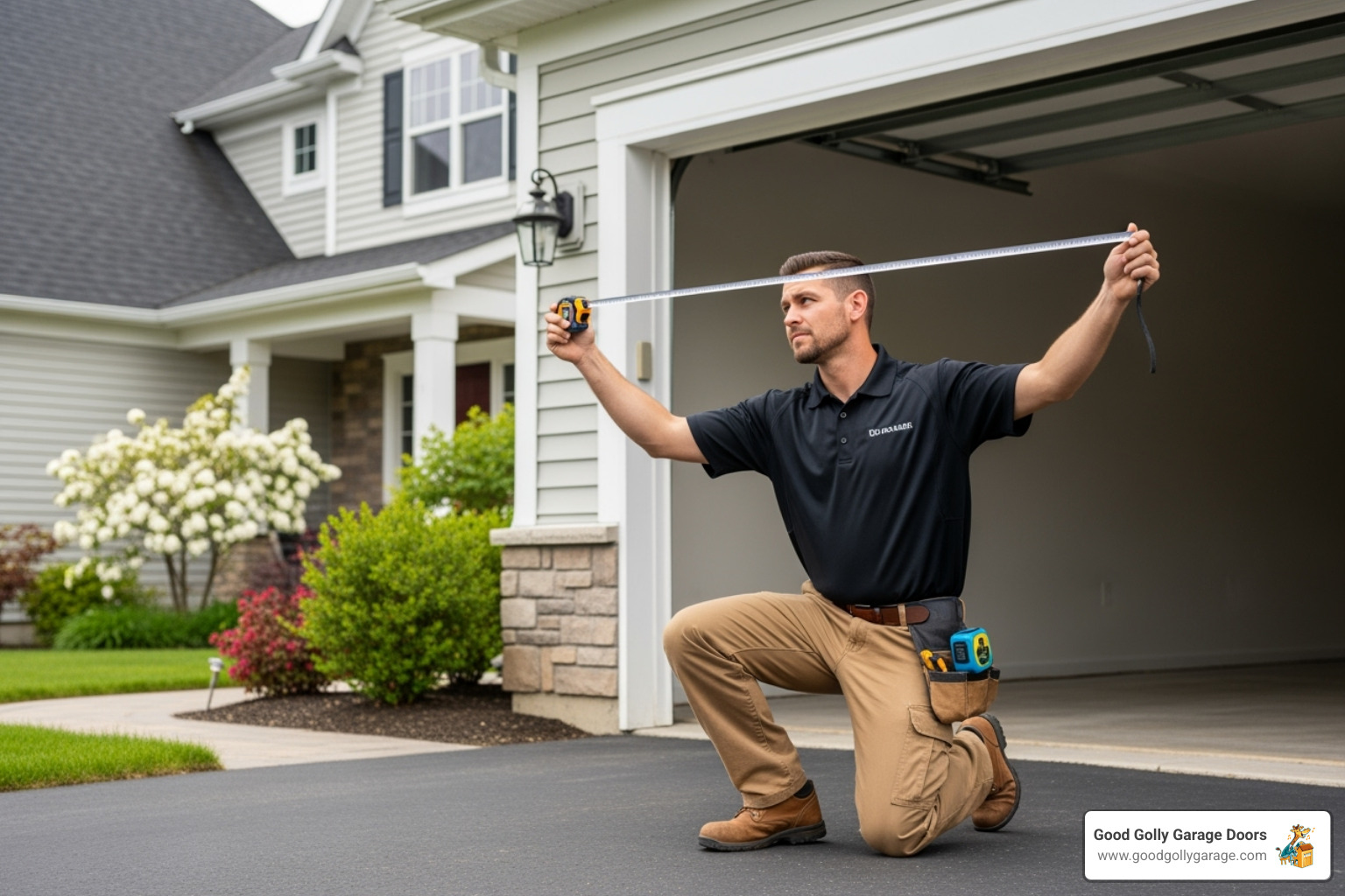 technician carefully taking measurements for a custom garage door opening - custom garage door repair installation in austin tx