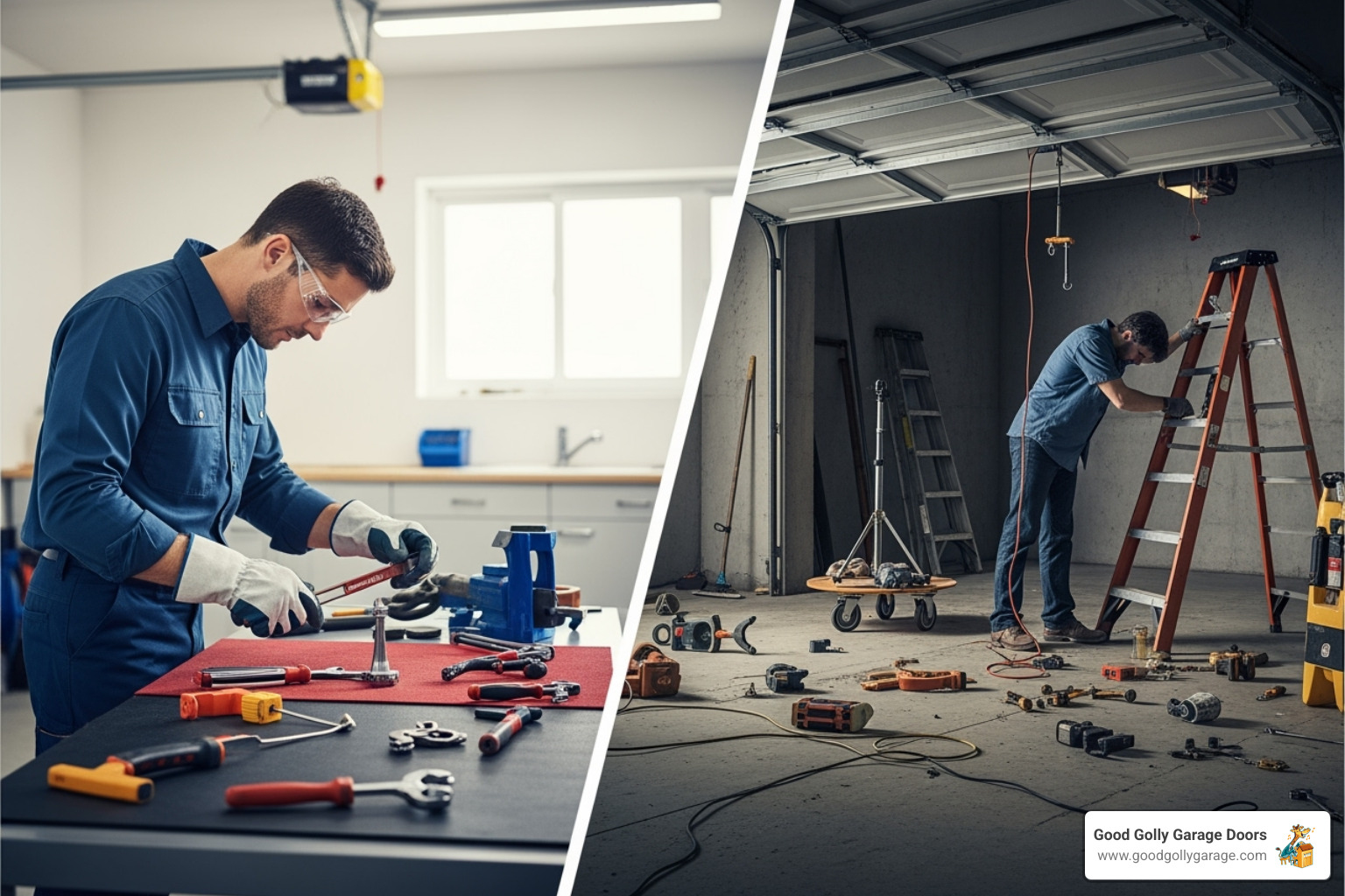 a side-by-side of a professional, clean garage door repair versus a messy, unsafe DIY attempt - certified garage door repair technician in las vegas nv a side-by-side of a professional, clean garage door repair versus a messy, unsafe DIY attempt - certified garage door repair technician in las vegas nv