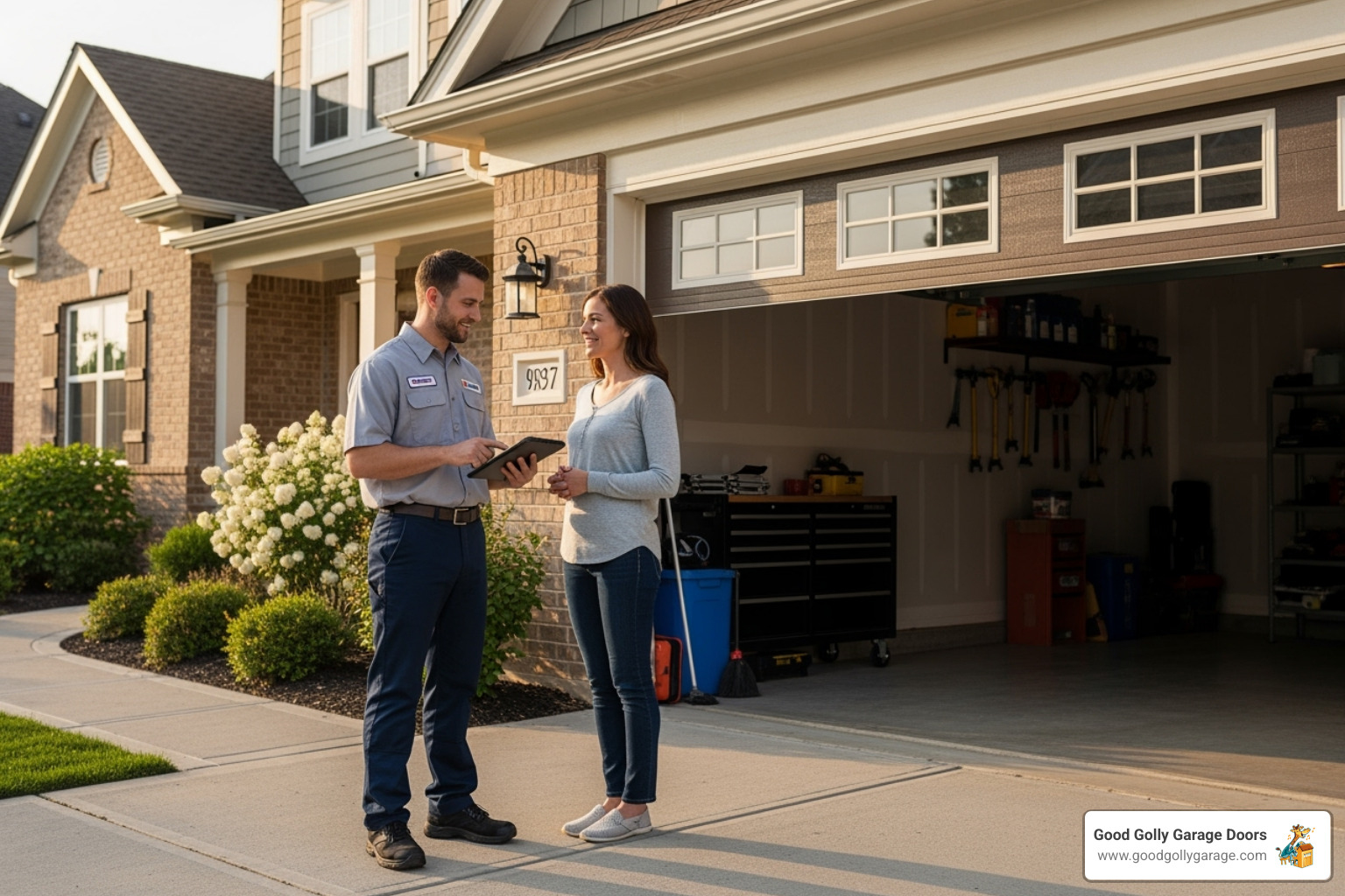 a friendly technician talking with a homeowner in front of their garage - certified garage door repair technician in las vegas nv a friendly technician talking with a homeowner in front of their garage - certified garage door repair technician in las vegas nv