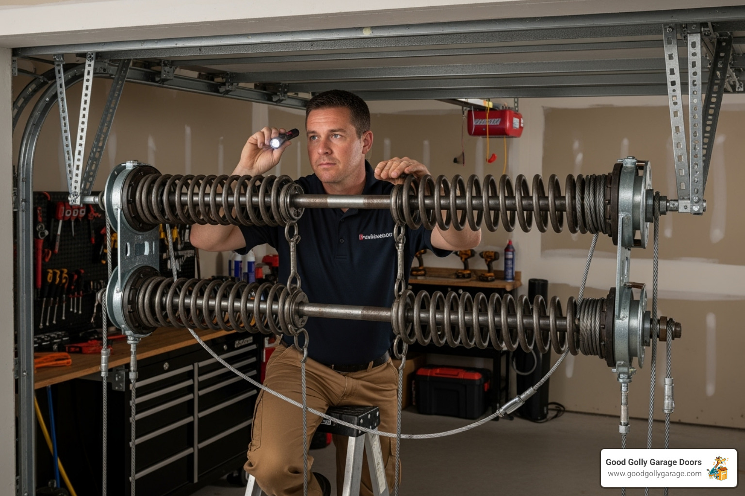 a technician carefully inspecting a garage door spring system - certified garage door repair technician in las vegas nv a technician carefully inspecting a garage door spring system - certified garage door repair technician in las vegas nv