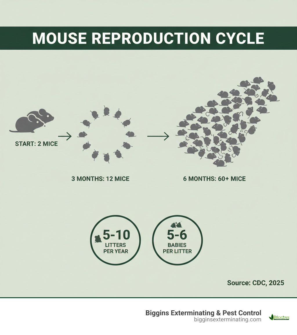 infographic showing mouse reproduction cycle with two mice multiplying to 12 mice in 3 months, then 60+ mice in 6 months, with icons showing 5-10 litters per year and 5-6 babies per litter - mice rodent control infographic 