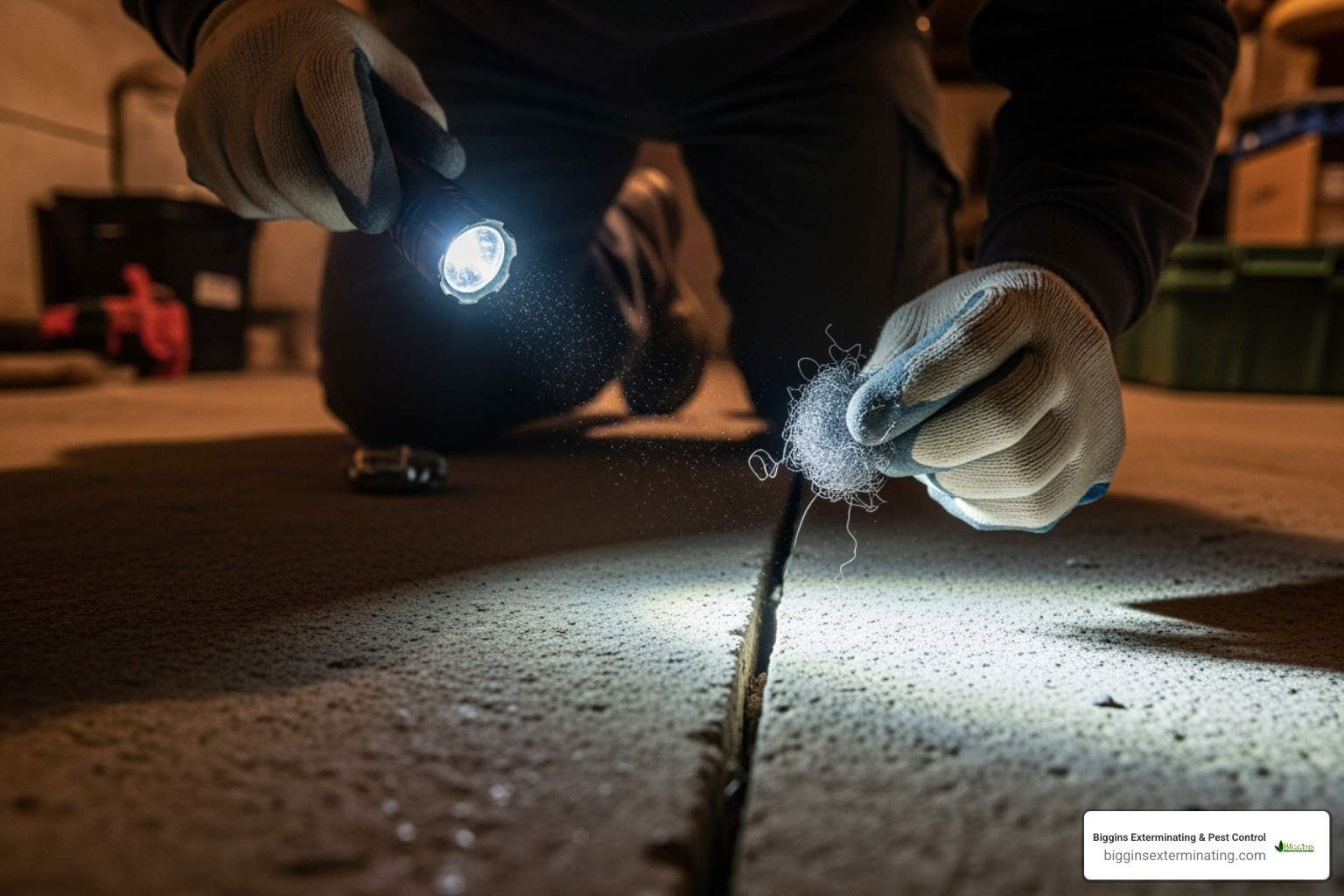 person inspecting crack with flashlight and sealing with steel wool - mice rodent control
