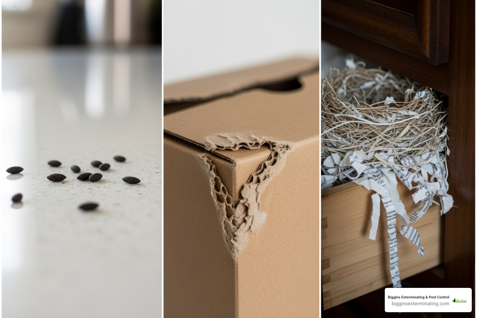 collage showing different signs of mice: dark, rice-sized droppings on a countertop, gnaw marks on a cardboard food box, and a nest made of shredded paper in a drawer. - mice rodent control