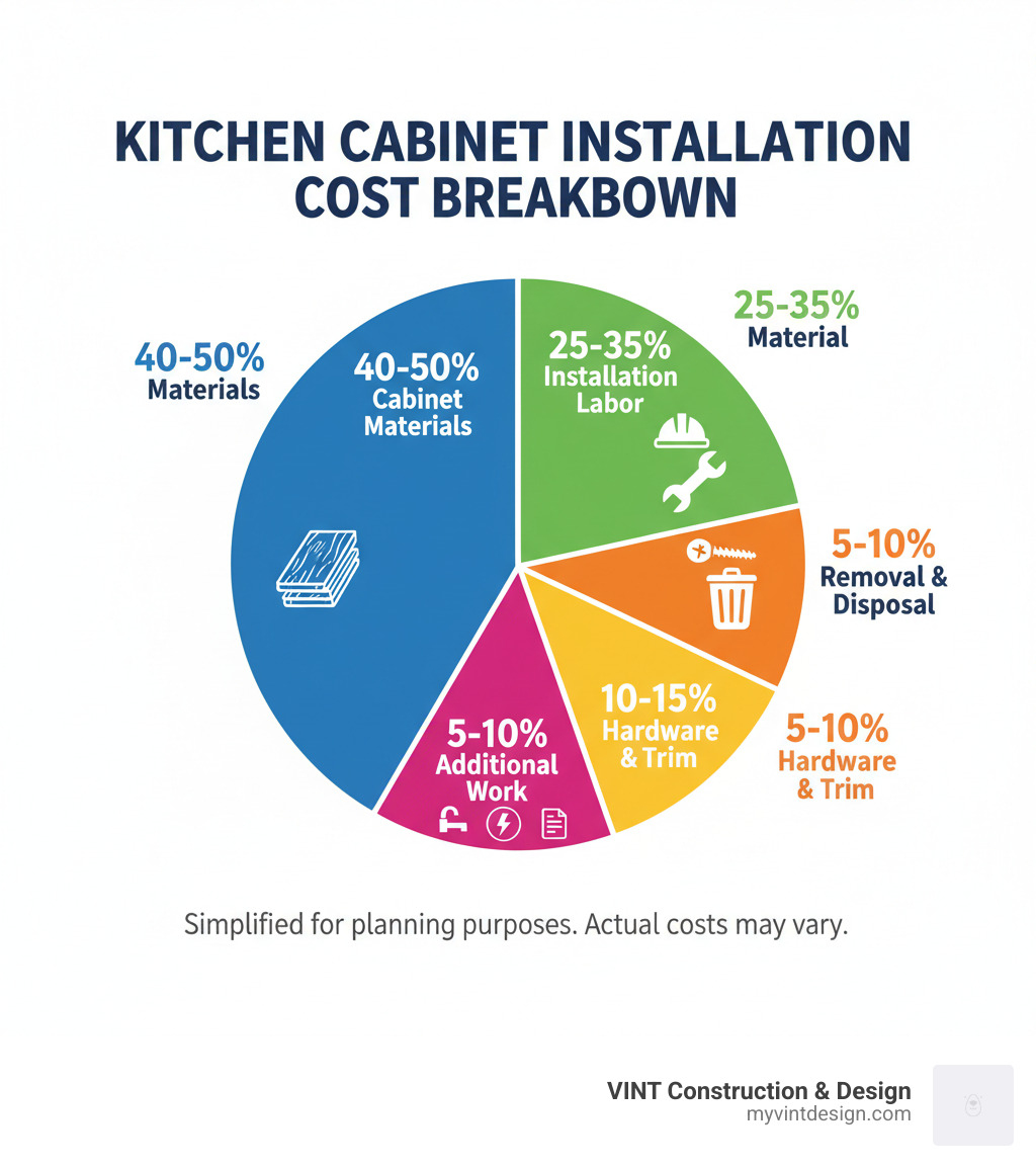 Infographic showing kitchen cabinet installation cost breakdown: 40-50% Cabinet Materials, 25-35% Installation Labor, 10-15% Hardware and Trim, 5-10% Removal and Disposal, 5-10% Additional Work (plumbing, electrical, permits) - cost to instal kitchen cabinets infographic  Infographic showing kitchen cabinet installation cost breakdown: 40-50% Cabinet Materials, 25-35% Installation Labor, 10-15% Hardware and Trim, 5-10% Removal and Disposal, 5-10% Additional Work (plumbing, electrical, permits) - cost to instal kitchen cabinets infographic