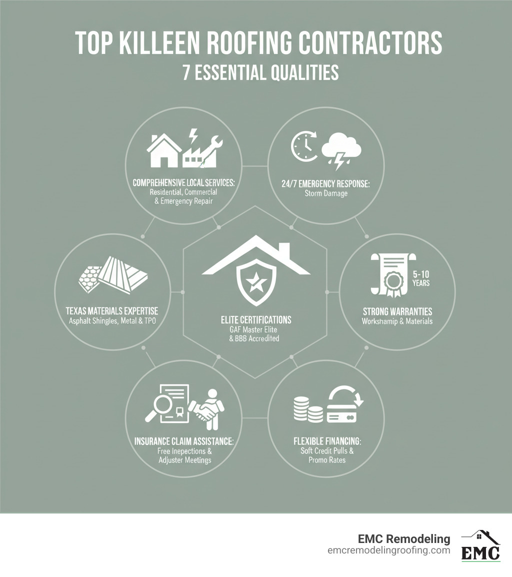 Infographic showing 7 key qualities of top Killeen roofing contractors: 1. Comprehensive local services including residential, commercial, and emergency repair 2. 24/7 emergency response for storm damage 3. Expertise with Texas materials like asphalt shingles, metal, and TPO 4. Elite certifications such as GAF Master Elite and BBB accreditation 5. Strong warranties covering both workmanship and materials for 5-10 years 6. Insurance claim assistance with free inspections and adjuster meetings 7. Flexible financing options with soft credit pulls and promotional APR rates - roofing contractors killeen tx infographic 