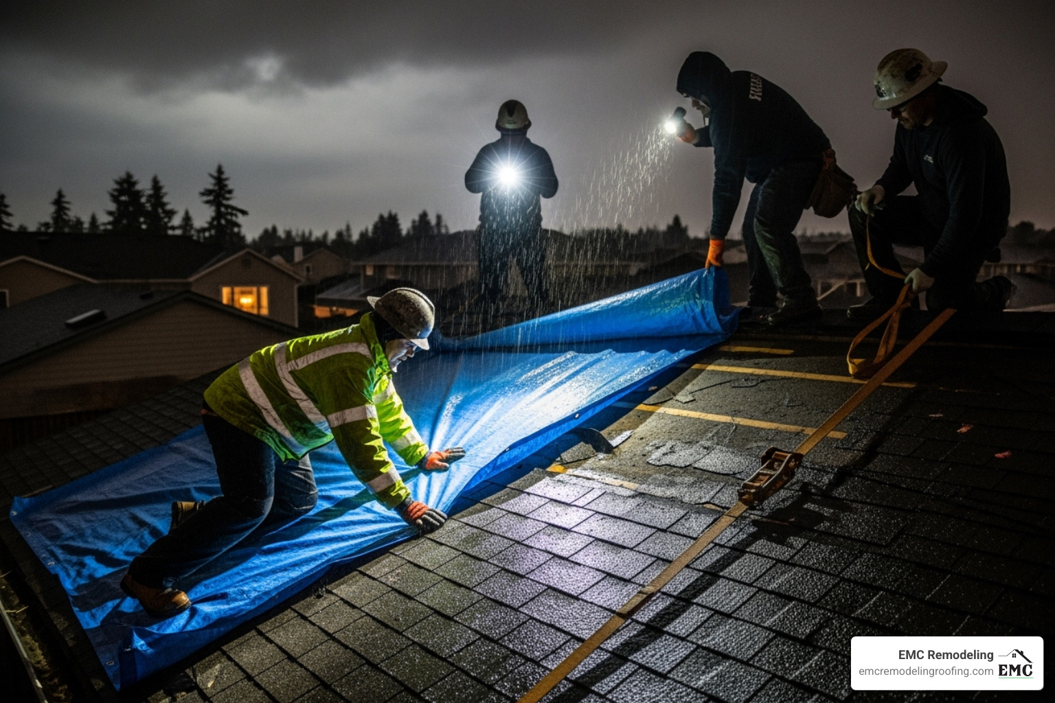 Emergency roof repair crew tarping a damaged roof at night - roofing contractors killeen tx