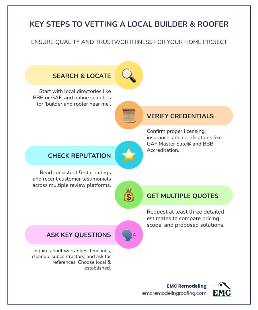 Infographic showing the key steps to finding and vetting a local builder and roofer: Step 1 - Search local directories and manufacturer databases; Step 2 - Verify license, insurance, and certifications (show icons for BBB, GAF Master Elite); Step 3 - Read reviews on multiple platforms; Step 4 - Request 3+ written estimates; Step 5 - Ask about warranties, subcontractors, and cleanup; Step 6 - Check references and past projects; Final note: Always choose a local, established contractor with direct owner involvement - builder and roofer near me infographic infographic-line-5-steps-colors