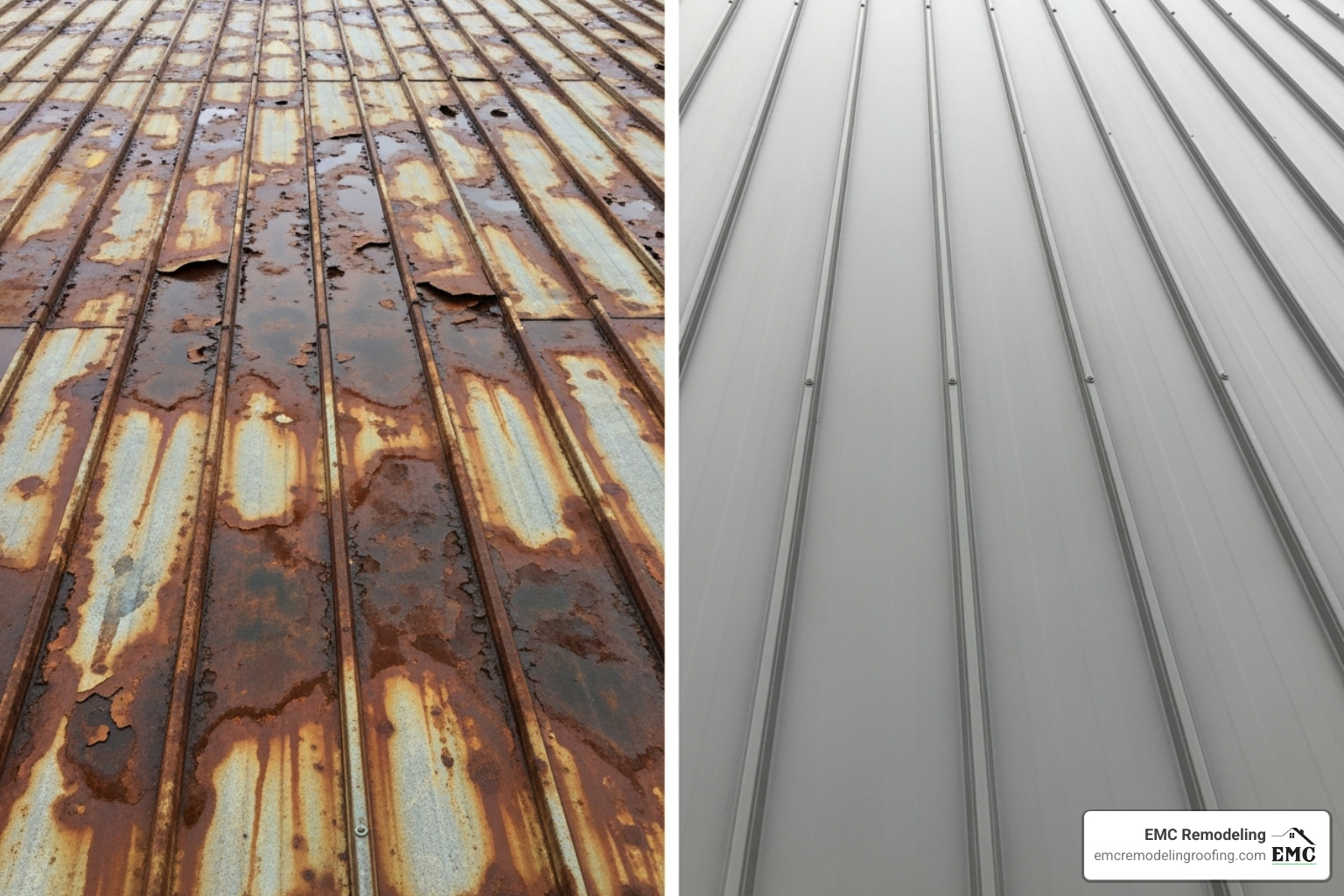 Side-by-side comparison showing a rusted, leaking metal roof next to a restored, coated metal roof. - metal roof coating company near me