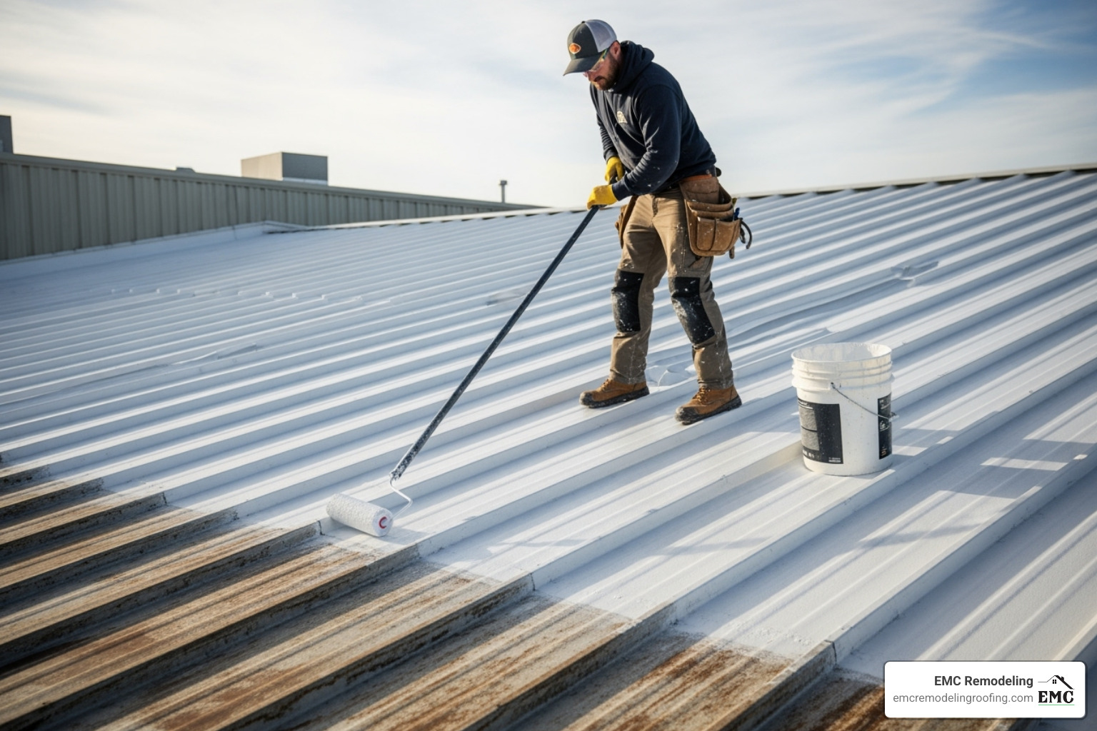 A roofing professional applying a white coating to a metal roof with a long-handled roller. - metal roof coating company near me