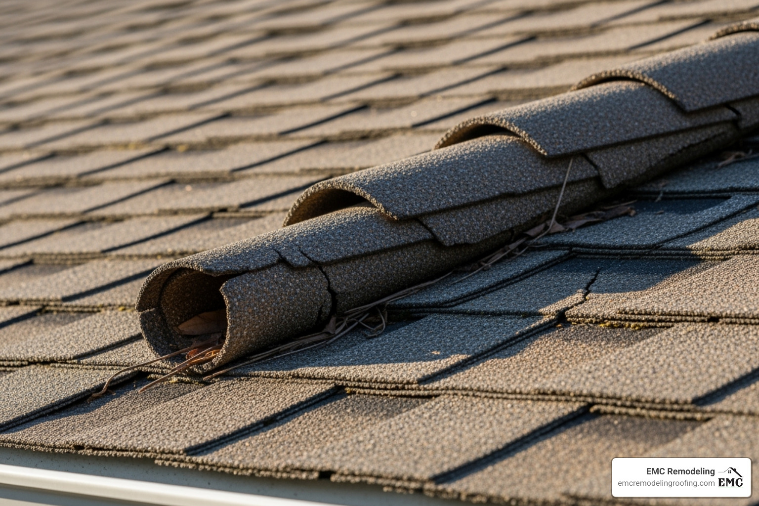 curling and cracked asphalt shingles on a roof - builder and roofer near me
