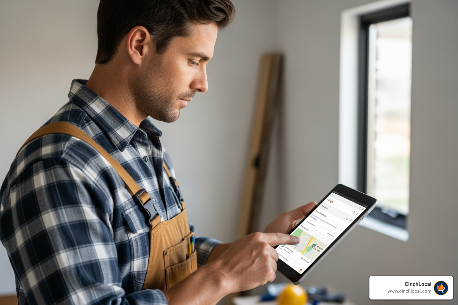 roofing contractor using tablet to view business on google - getting found on Google