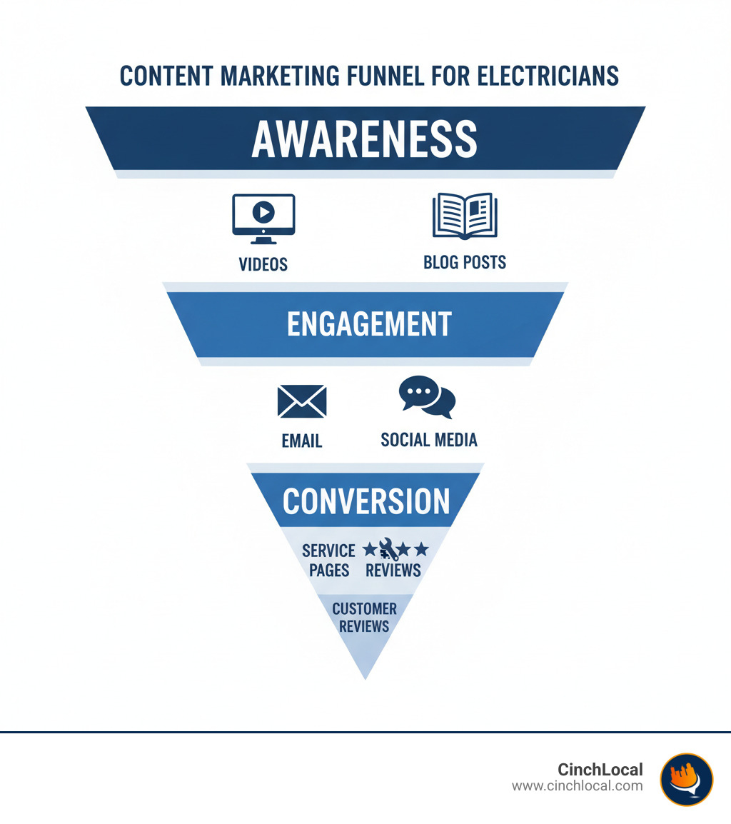 Content marketing funnel for electrical contractors showing progression from awareness through blog posts and videos to engagement via email and social media to conversion through service pages and customer reviews - content marketing for electricians infographic Content marketing funnel for electrical contractors showing progression from awareness through blog posts and videos to engagement via email and social media to conversion through service pages and customer reviews - content marketing for electricians infographic