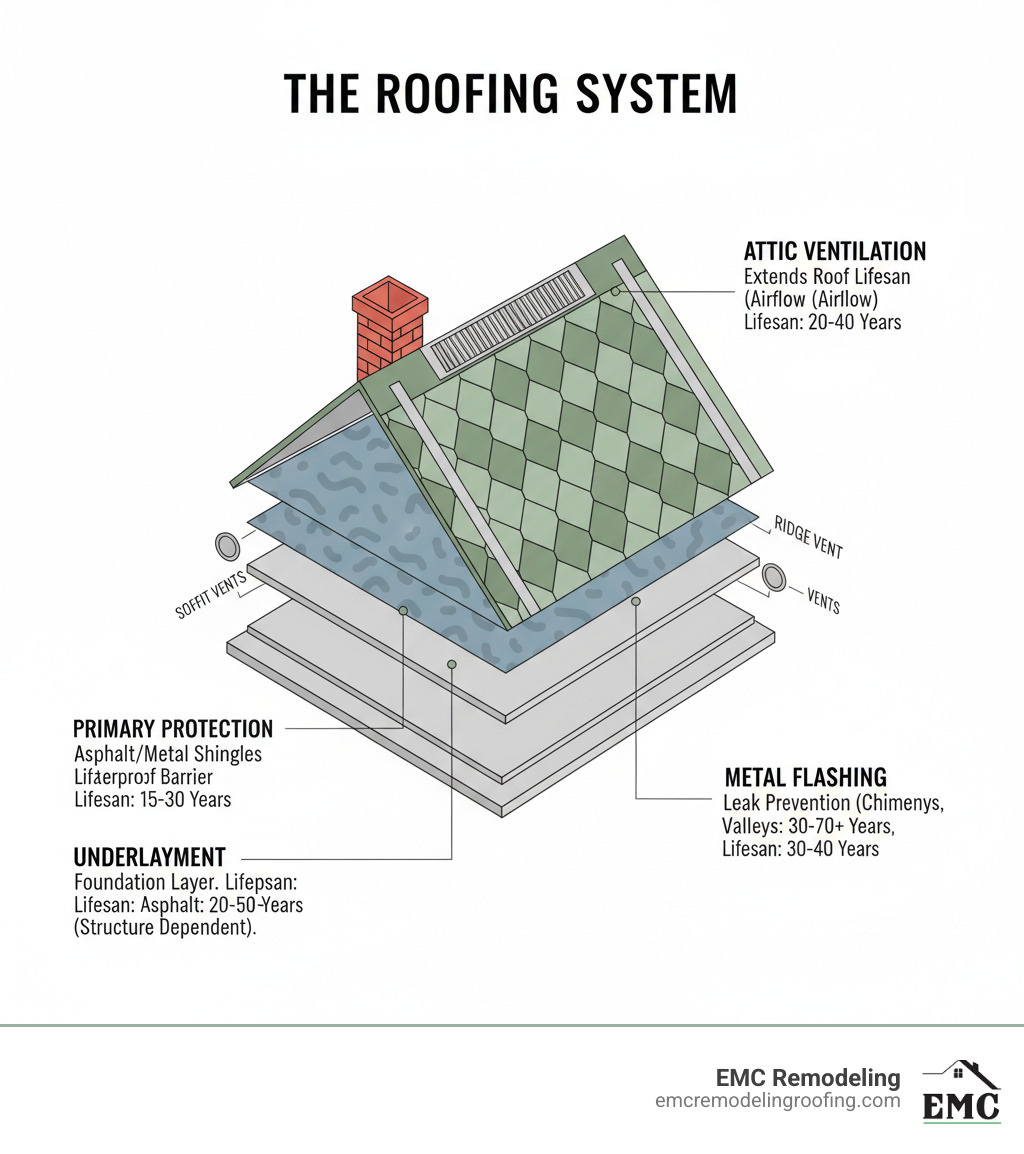 Infographic showing the anatomy of a complete roofing system: roof decking as the foundation layer, underlayment as the waterproof barrier, asphalt or metal shingles as the primary protection layer, metal flashing around chimneys and valleys to prevent leaks, and proper attic ventilation including ridge vents and soffit vents to extend roof lifespan. Each component is labeled with its purpose and typical lifespan. - roof company near me infographic 