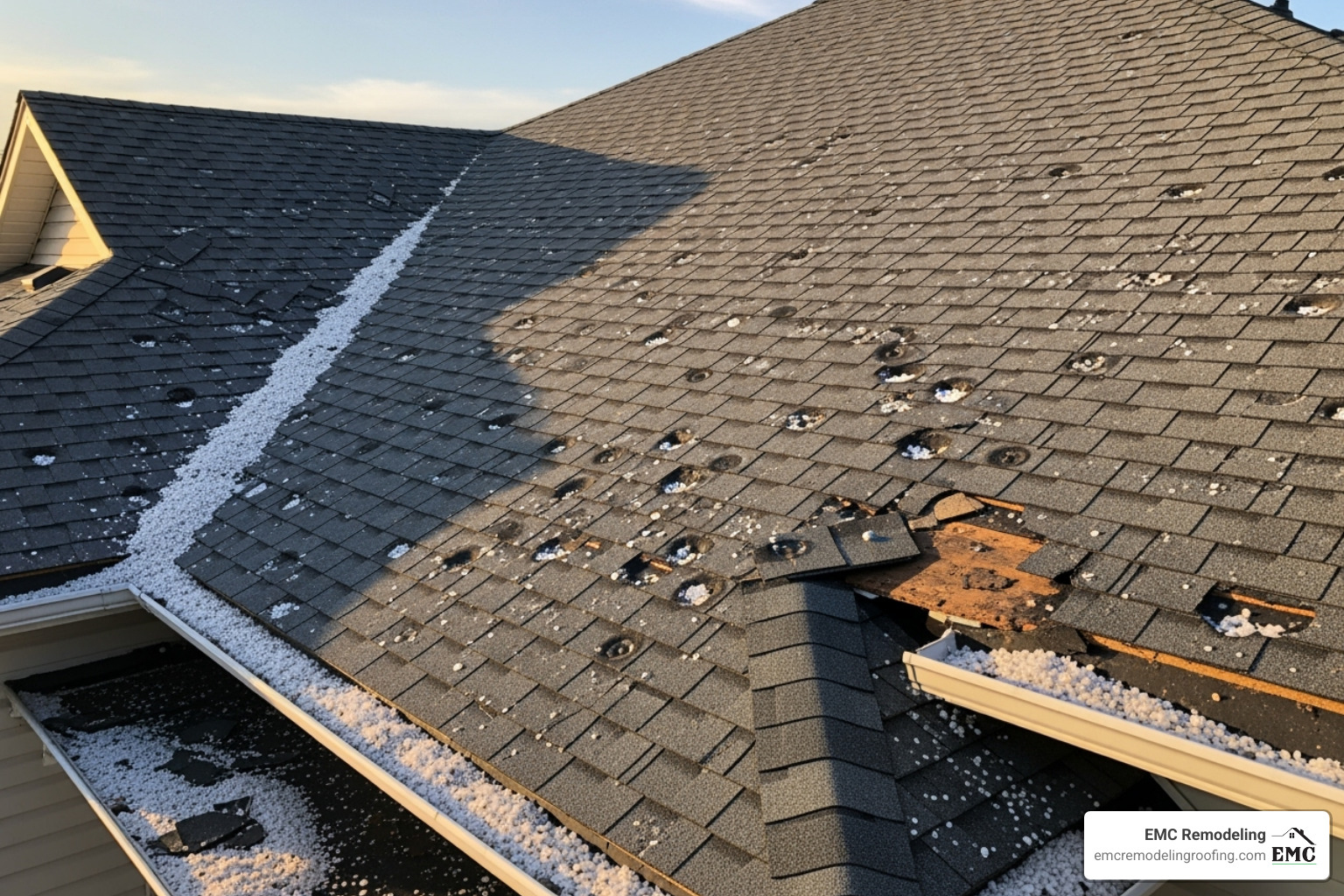 A residential roof shows clear signs of hail damage, with numerous impact marks and missing granules on asphalt shingles. - roof company near me