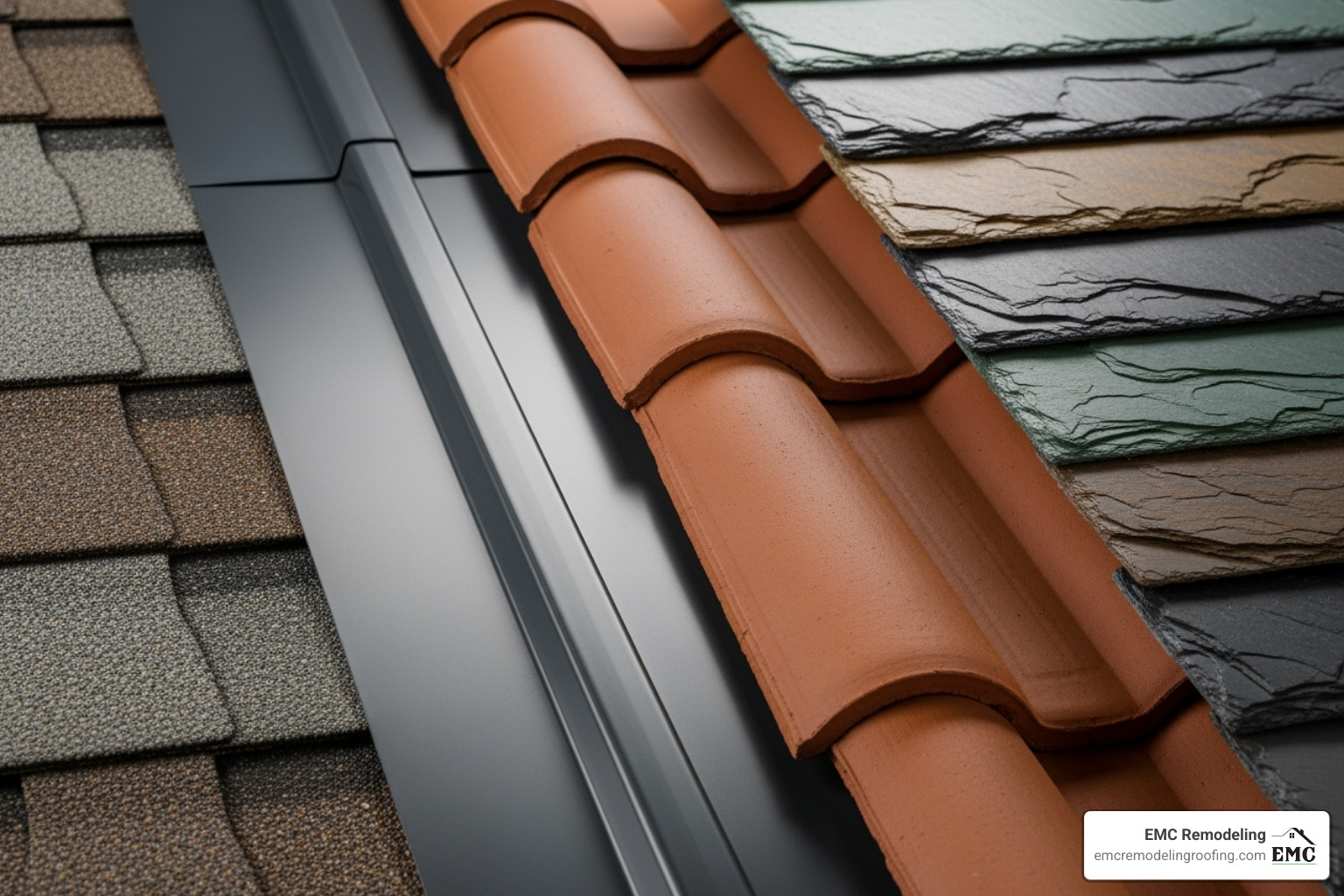 Close-up of different roofing material samples, including asphalt shingles, metal panels, clay tiles, and slate, showcasing their textures and colors. - roof company near me