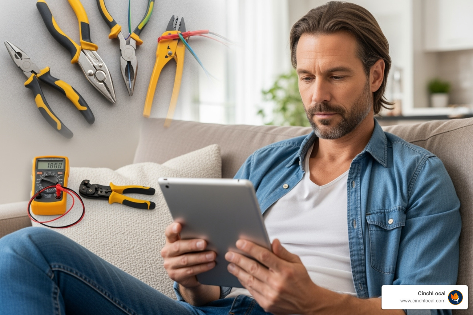 Homeowner reading a helpful blog post on a tablet, with electrical tools in the background. - content marketing for electricians Homeowner reading a helpful blog post on a tablet, with electrical tools in the background. - content marketing for electricians