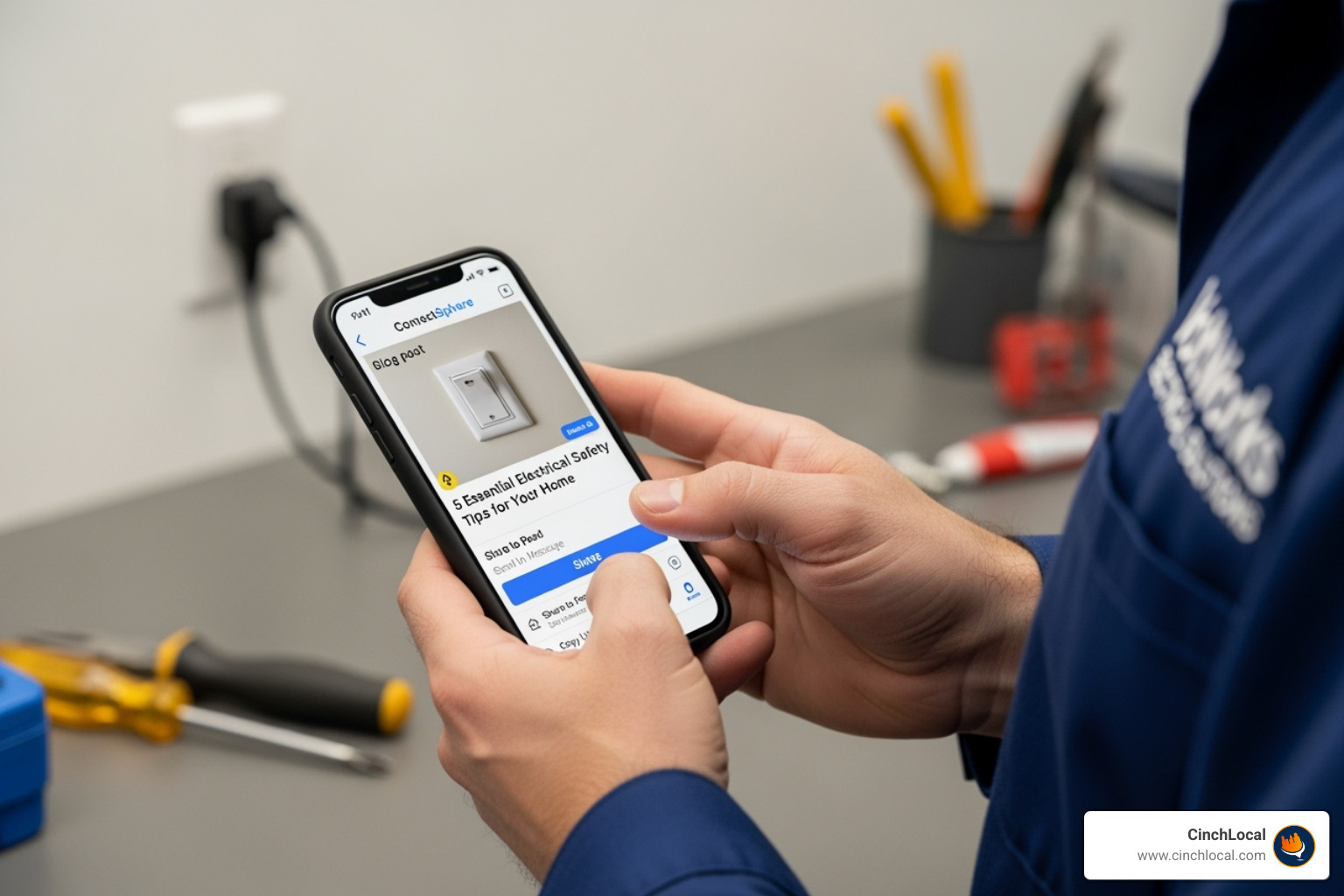 Electrician sharing a blog post on social media from a mobile device. - content marketing for electricians Electrician sharing a blog post on social media from a mobile device. - content marketing for electricians