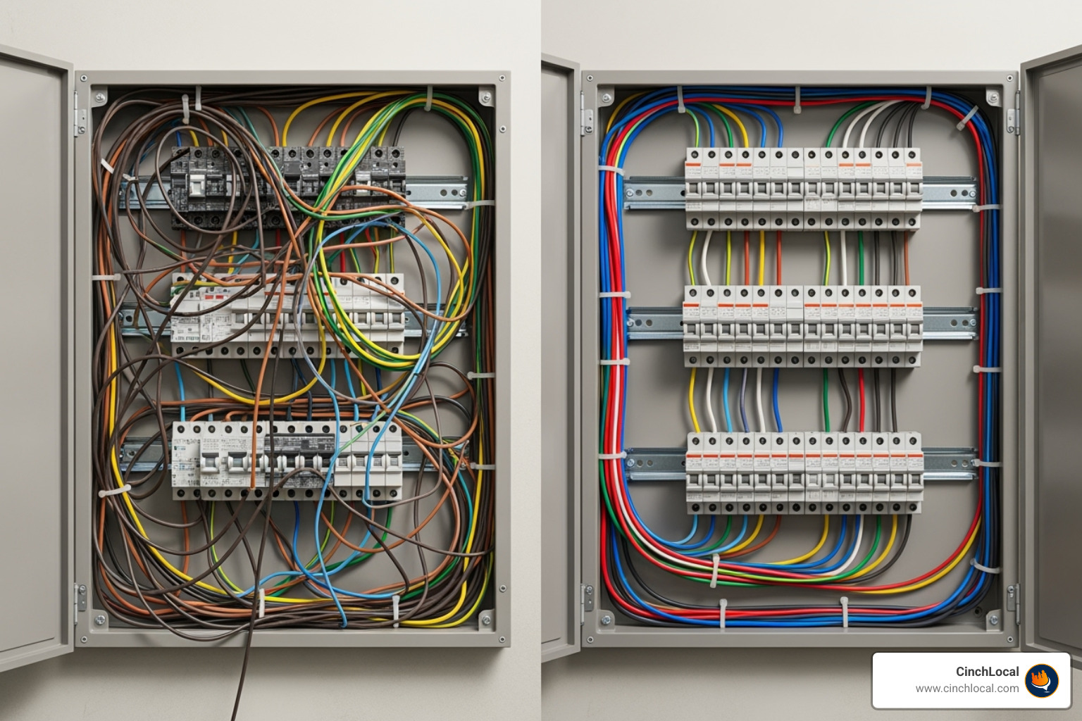 Split-screen showing a Split-screen showing a
