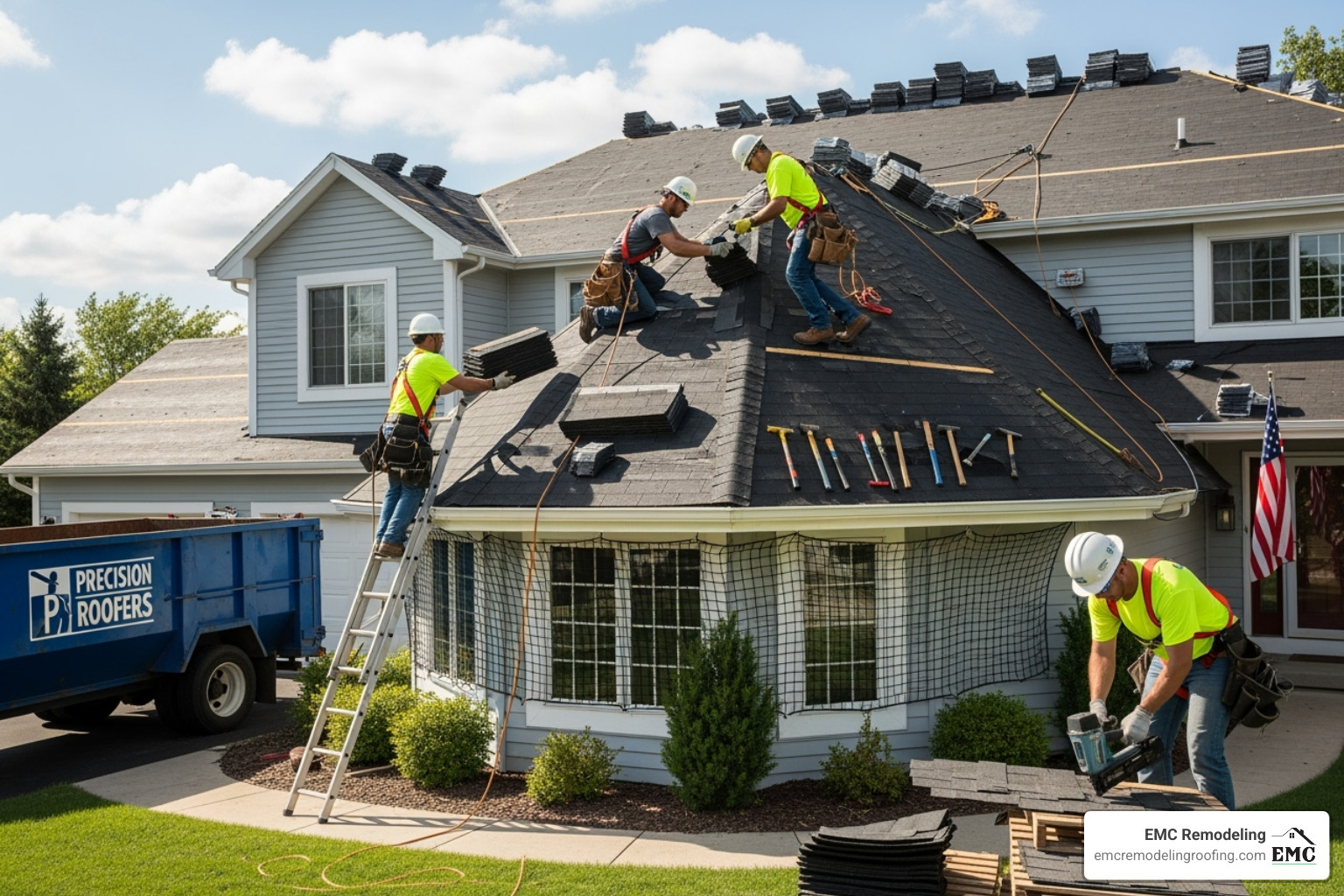 A dedicated roofing team works diligently on a residential roof replacement project, ensuring precision and safety. - roof company near me