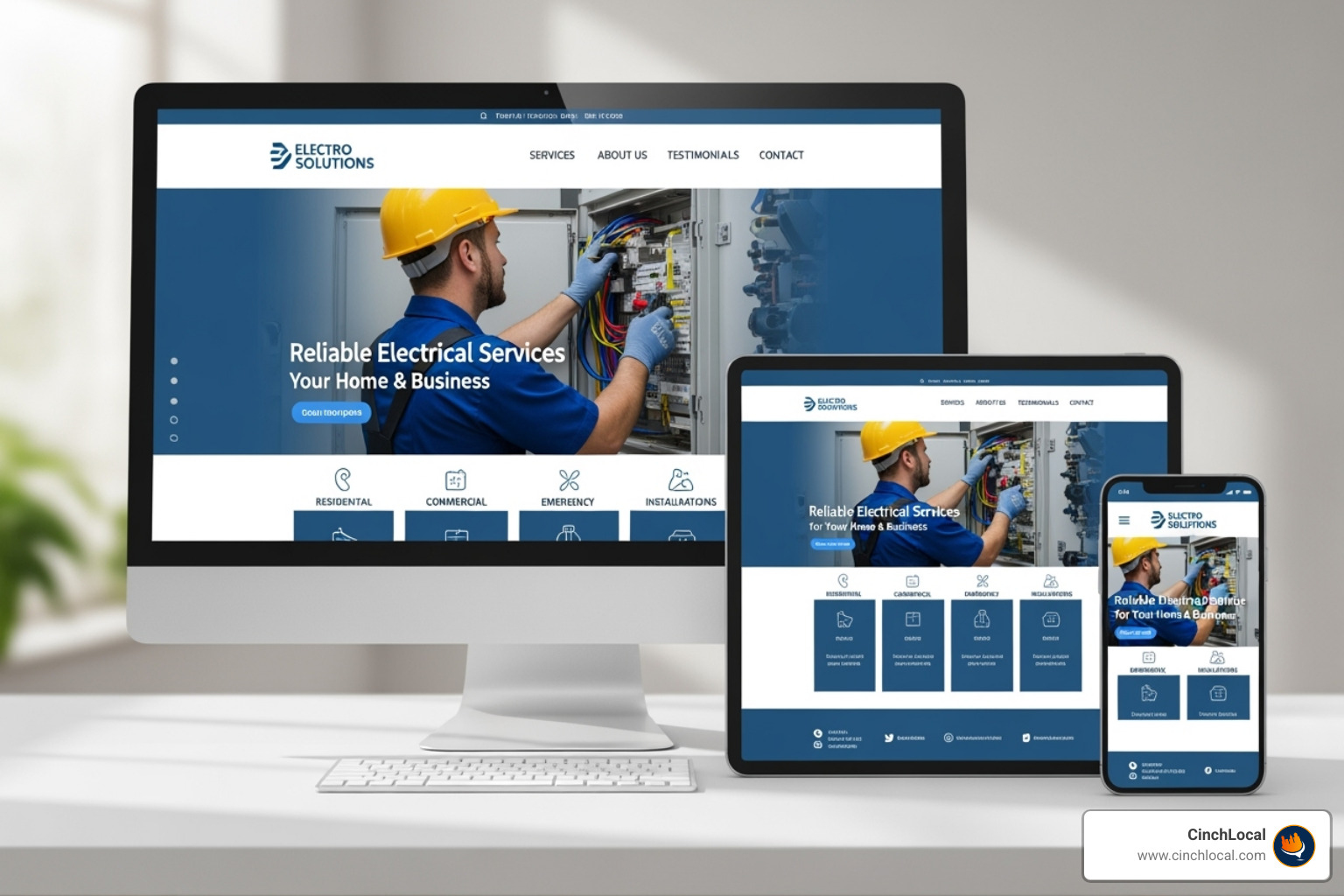 A responsive contractor website displayed across a desktop monitor, a tablet, and a smartphone, demonstrating its adaptability to different screen sizes. - online advertising for home service contractors A responsive contractor website displayed across a desktop monitor, a tablet, and a smartphone, demonstrating its adaptability to different screen sizes. - online advertising for home service contractors