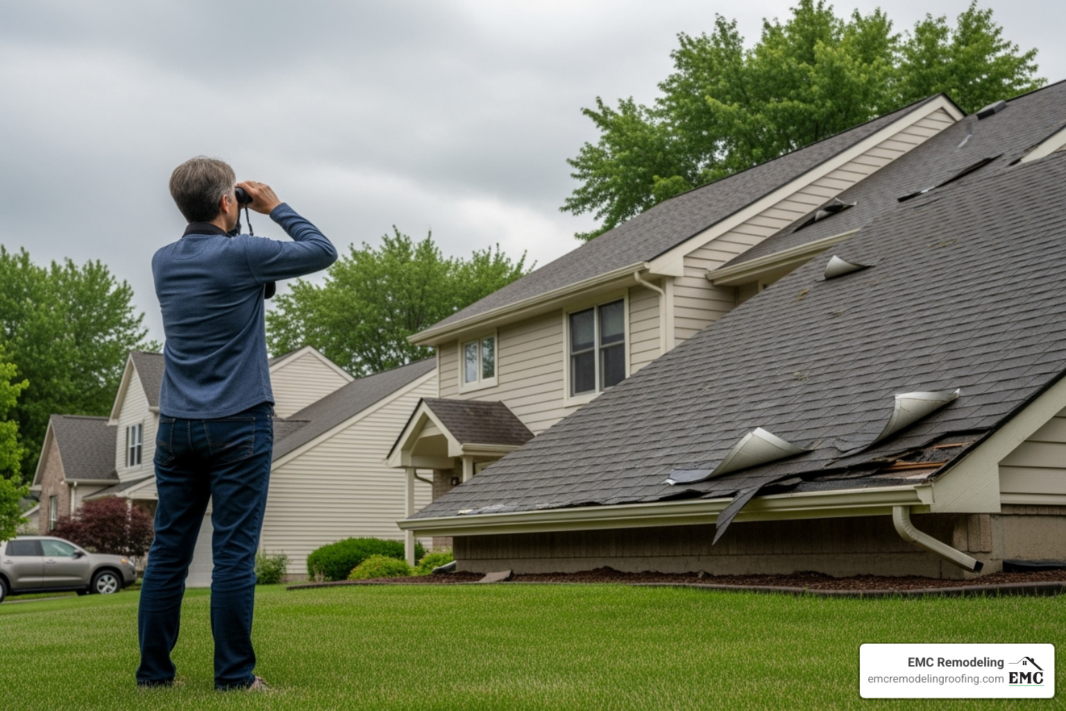 A homeowner safely inspecting their roof from the ground with binoculars - residential roof storm damage