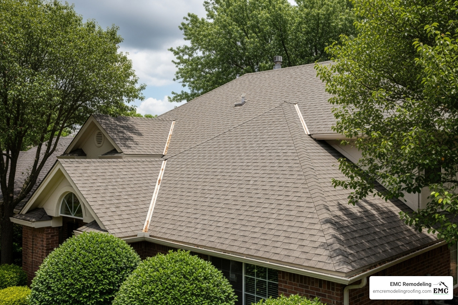 A well-maintained roof with clean gutters and trimmed trees - residential roof storm damage