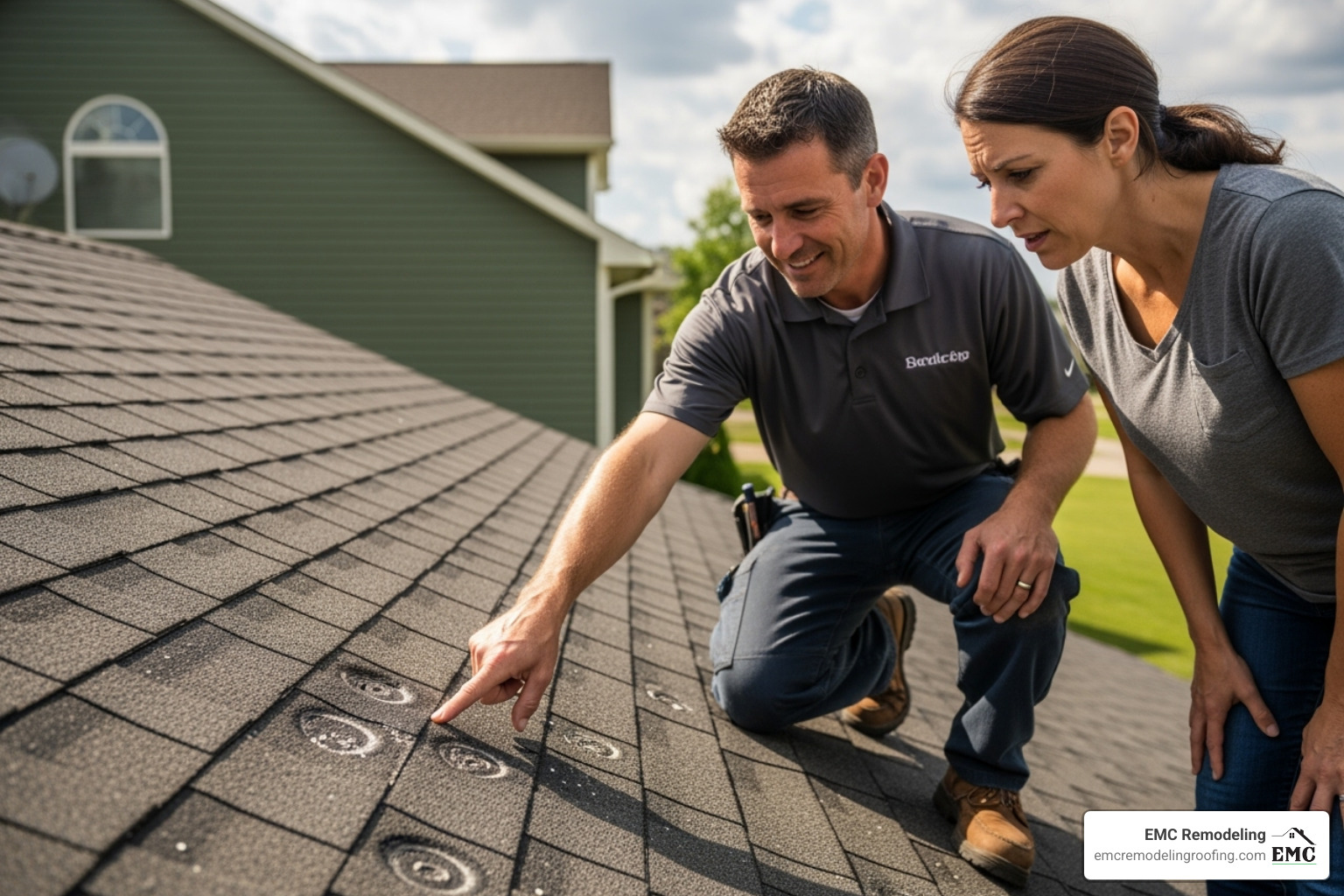 A roofing contractor pointing out hail damage on a shingle to a homeowner - residential roof storm damage
