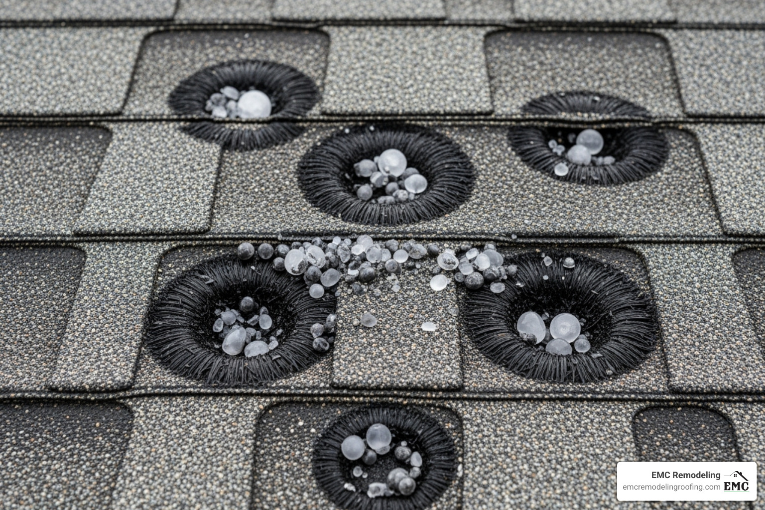 Close-up view of hail impact marks on an asphalt shingle - residential roof storm damage