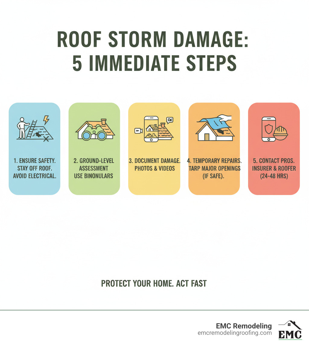 Infographic showing 5 immediate steps after discovering roof storm damage: 1) Ensure safety by staying off the roof and avoiding electrical hazards, 2) Conduct ground-level damage assessment using binoculars, 3) Document all damage with photos and videos from multiple angles, 4) Make temporary repairs like placing tarps over major openings if safe, 5) Contact both your insurance company and a professional roofing contractor within 24-48 hours - residential roof storm damage infographic 