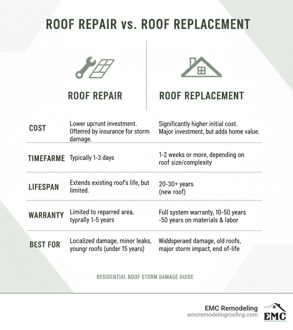 TABLE comparing Roof Repair vs. Roof Replacement across key factors: Cost, Timeframe, Lifespan, Warranty, and Best For - residential roof storm damage infographic 