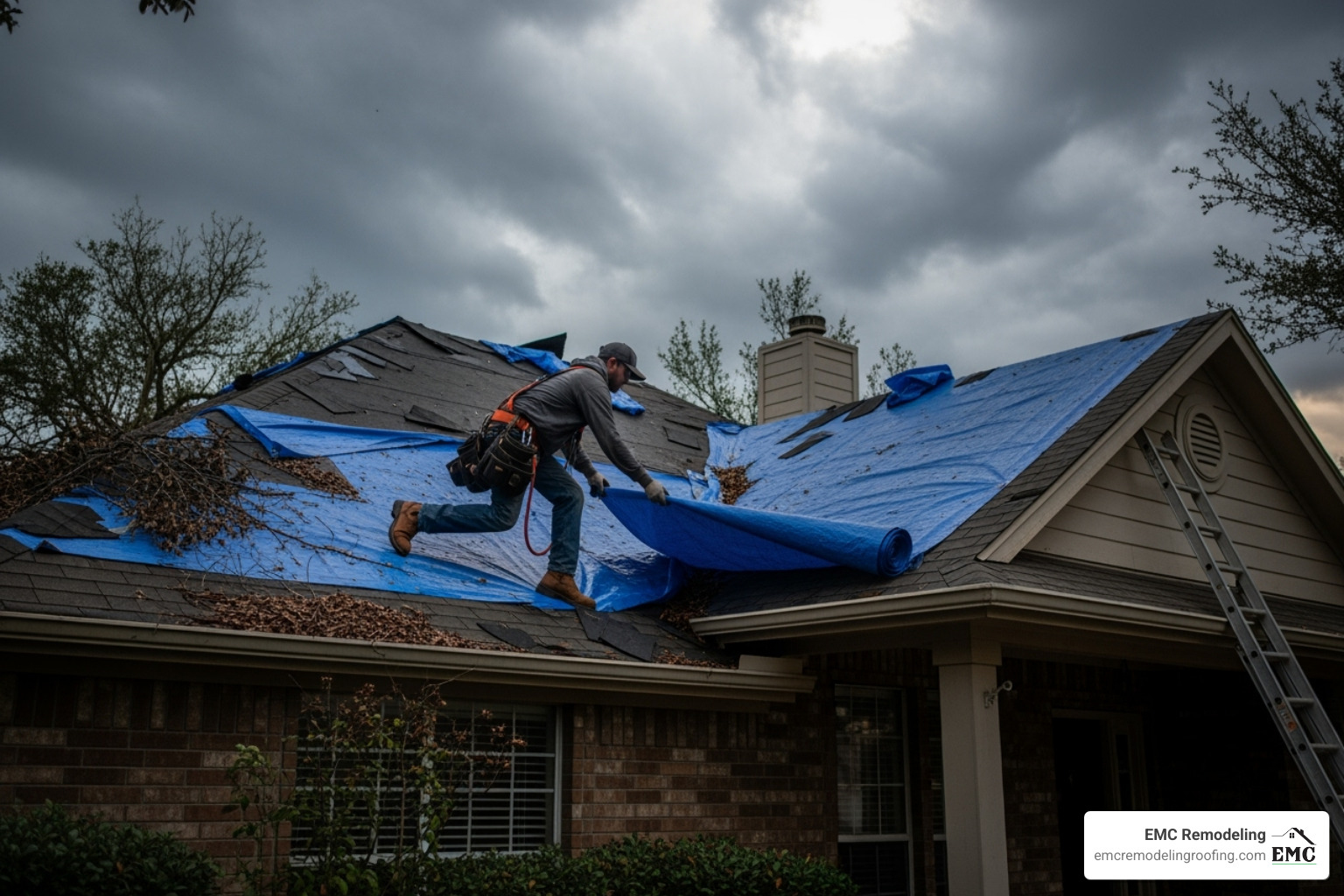 roofer performing emergency tarping after a Texas storm - exterior home improvements roofer performing emergency tarping after a Texas storm - exterior home improvements