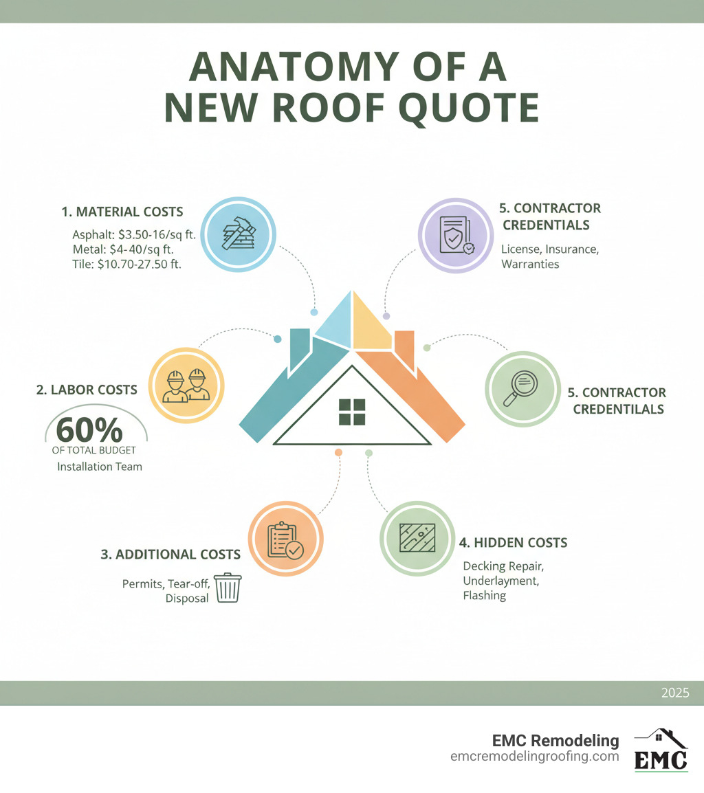 Infographic showing the anatomy of a new roof quote with five key components: 1) Material costs and types (asphalt, metal, tile with price ranges), 2) Labor costs showing 60% of total budget breakdown, 3) Additional costs like permits, tear-off, and disposal, 4) Hidden costs such as decking repair and underlayment, and 5) Checklist of what to verify in contractor credentials including license, insurance, and warranties - new roof quotes infographic 