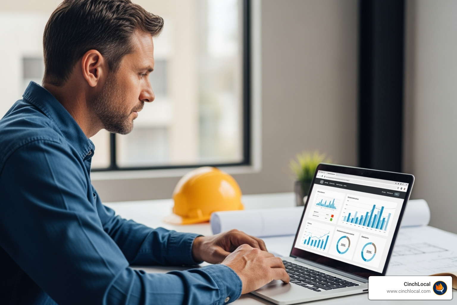 Roofing contractor at a desk reviewing website analytics and considering SEO options - Electrician SEO (Informational)