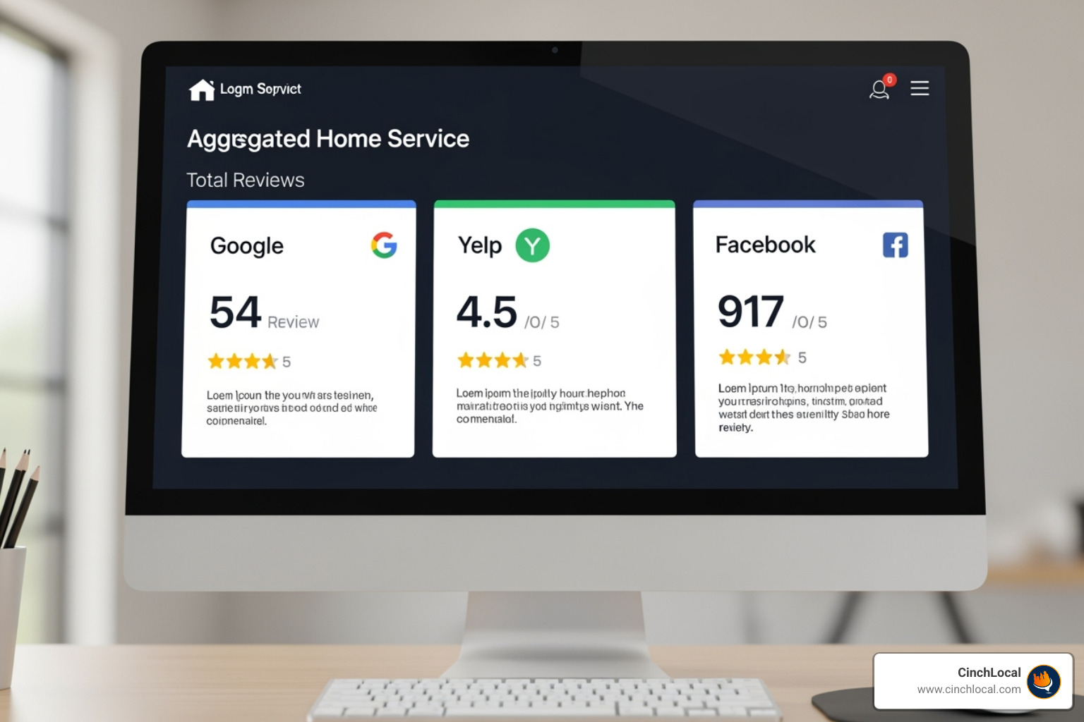Dashboard displaying Google, Yelp, and Facebook reviews for a roofing business - Electrician review management Dashboard displaying Google, Yelp, and Facebook reviews for a roofing business - Electrician review management