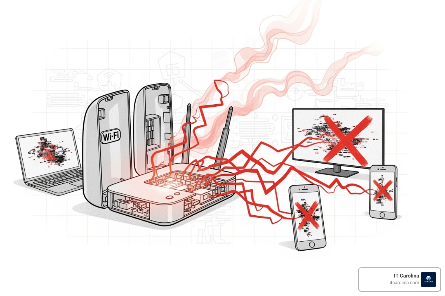 of a diagram showing an open uped Wi-Fi router leading to compromised devices like a laptop, smart TV, and phone - Stop Blaming Hackers. Your Wi-Fi Password Is 'Summer2024' of a diagram showing an open uped Wi-Fi router leading to compromised devices like a laptop, smart TV, and phone - Stop Blaming Hackers. Your Wi-Fi Password Is 'Summer2024'