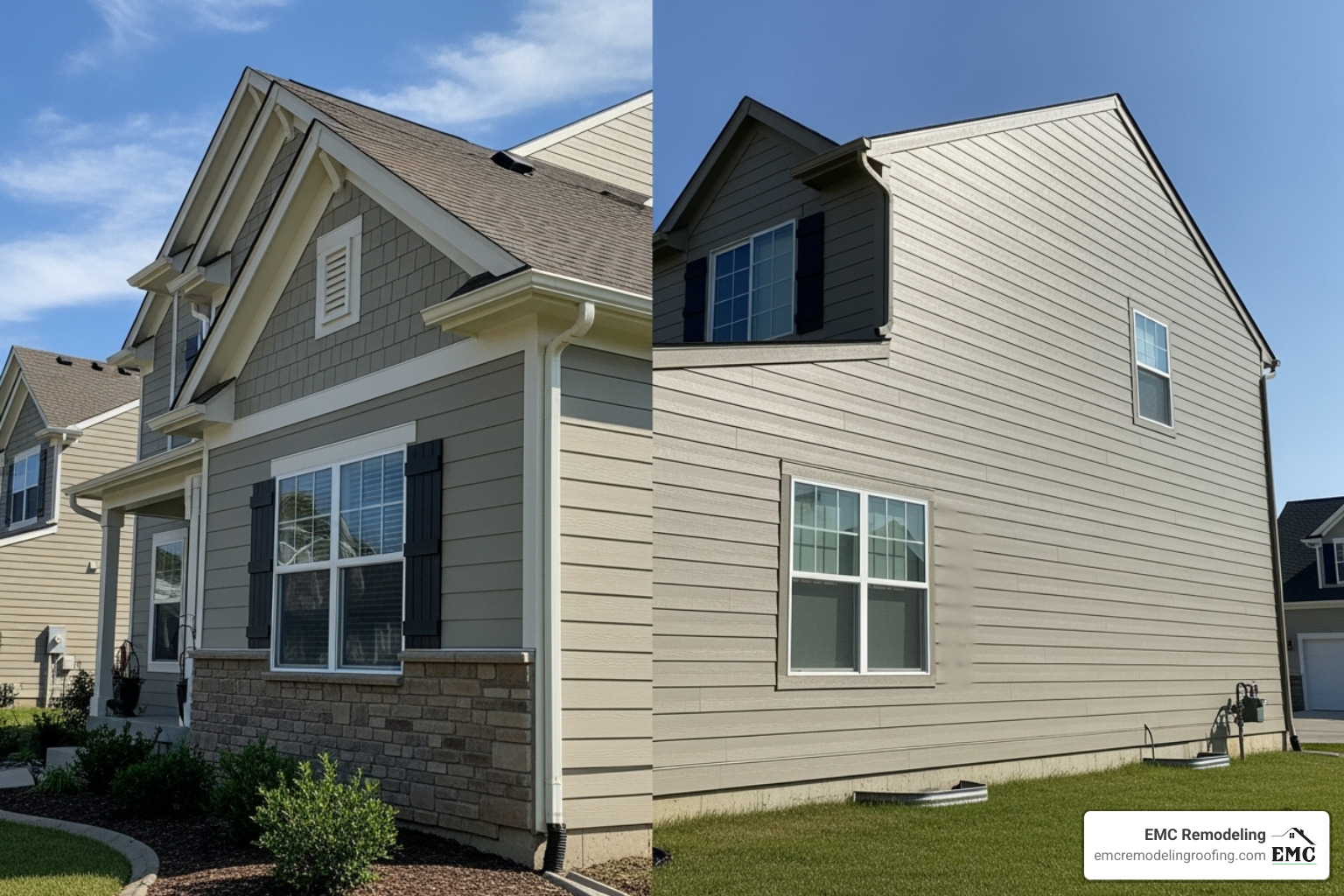 Side-by-side comparison of Hardie board and vinyl siding on a house exterior - Hardie board siding