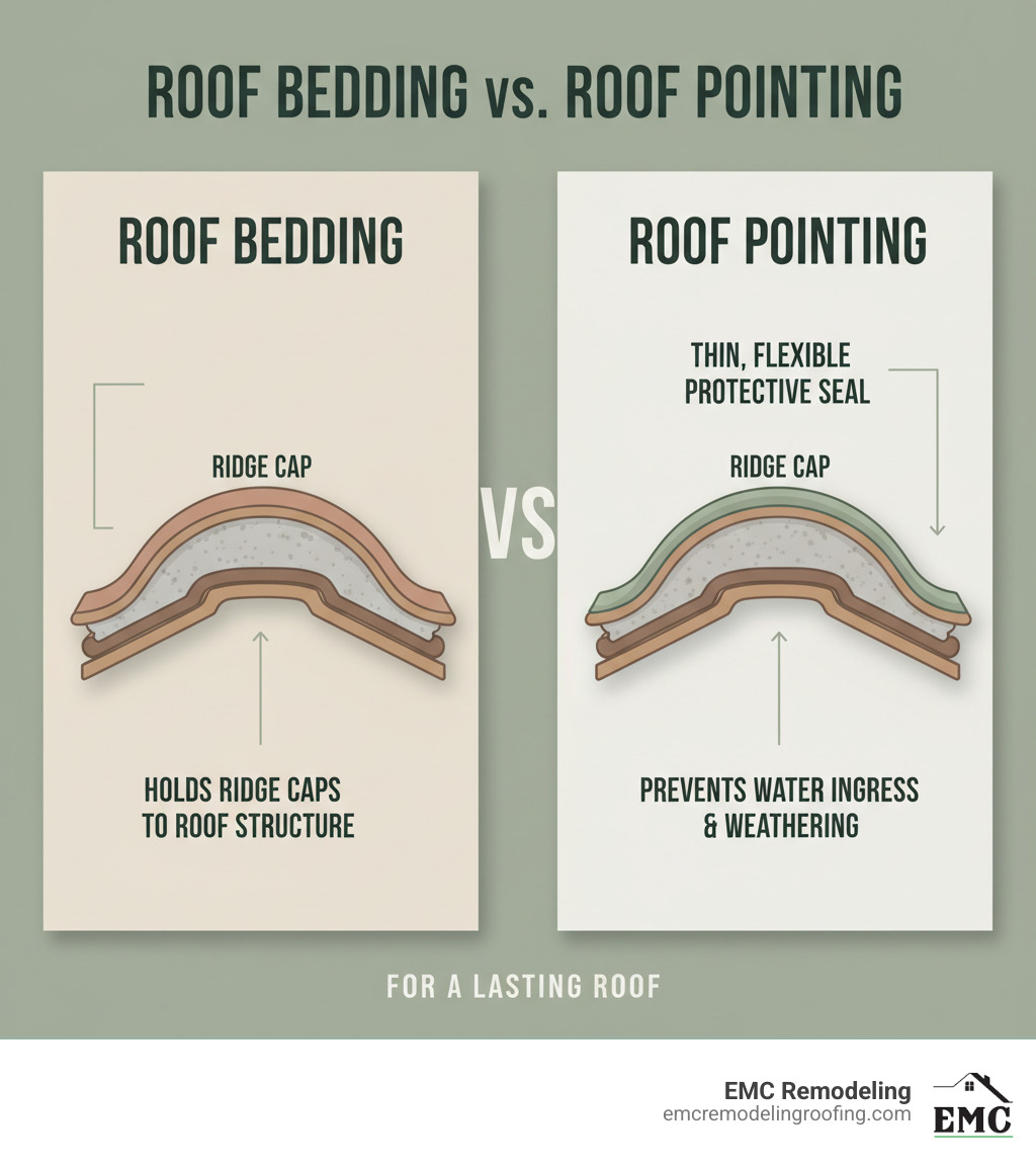 Detailed infographic showing the difference between roof bedding (the thick mortar foundation that holds ridge caps to the roof structure) and roof pointing (the thin, flexible protective seal applied over the bedding to prevent water ingress and weathering) - repointing roof tiles infographic Detailed infographic showing the difference between roof bedding (the thick mortar foundation that holds ridge caps to the roof structure) and roof pointing (the thin, flexible protective seal applied over the bedding to prevent water ingress and weathering) - repointing roof tiles infographic